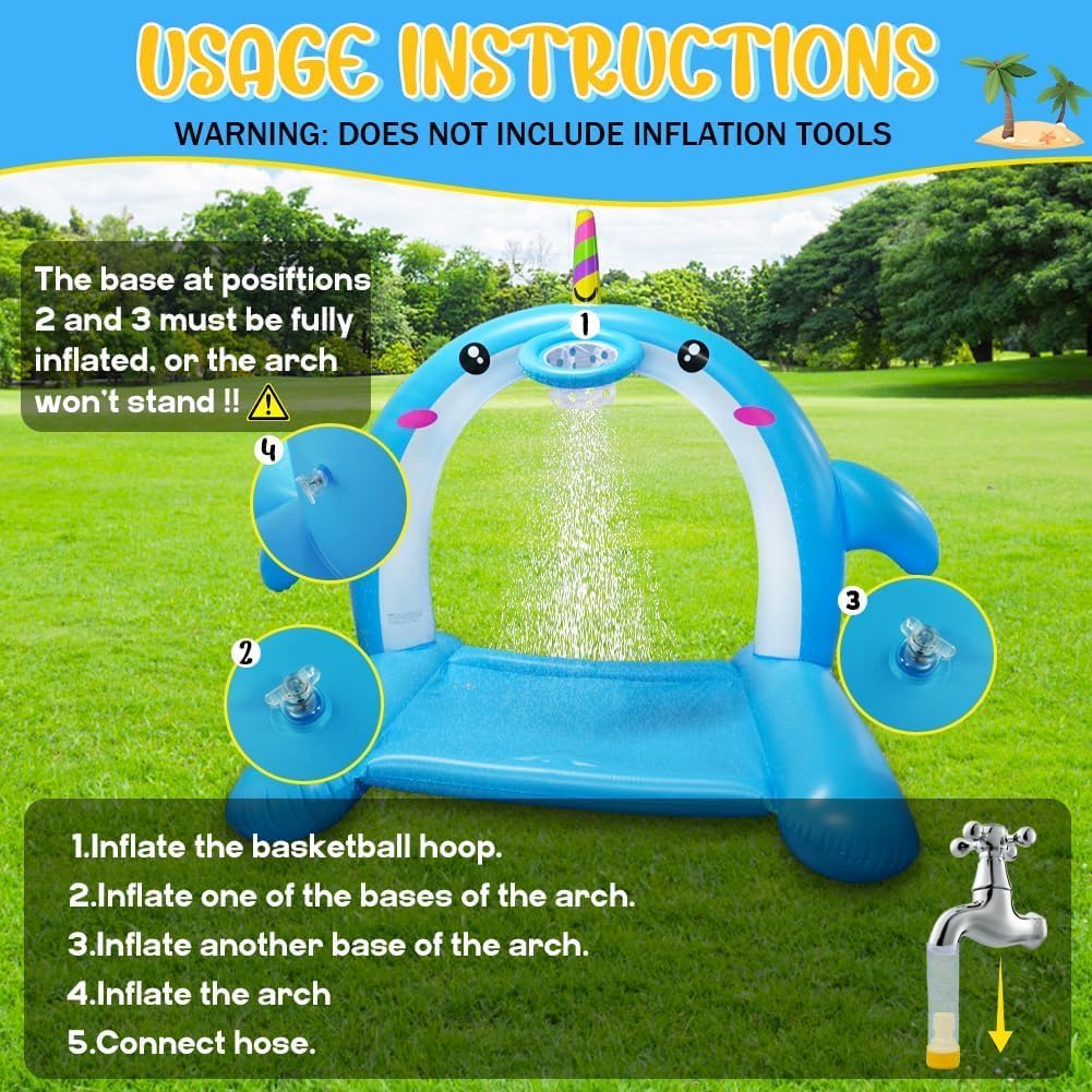 8.7FT Inflatable Whale Sprinkler Water Toys with Basketball Hoop Arch, 3-in-1 Large Splash Pad for Kids & Dogs, 16 LED Lights, Thickened Mat Toys for Outdoor Backyard & Garden Summer Fun
