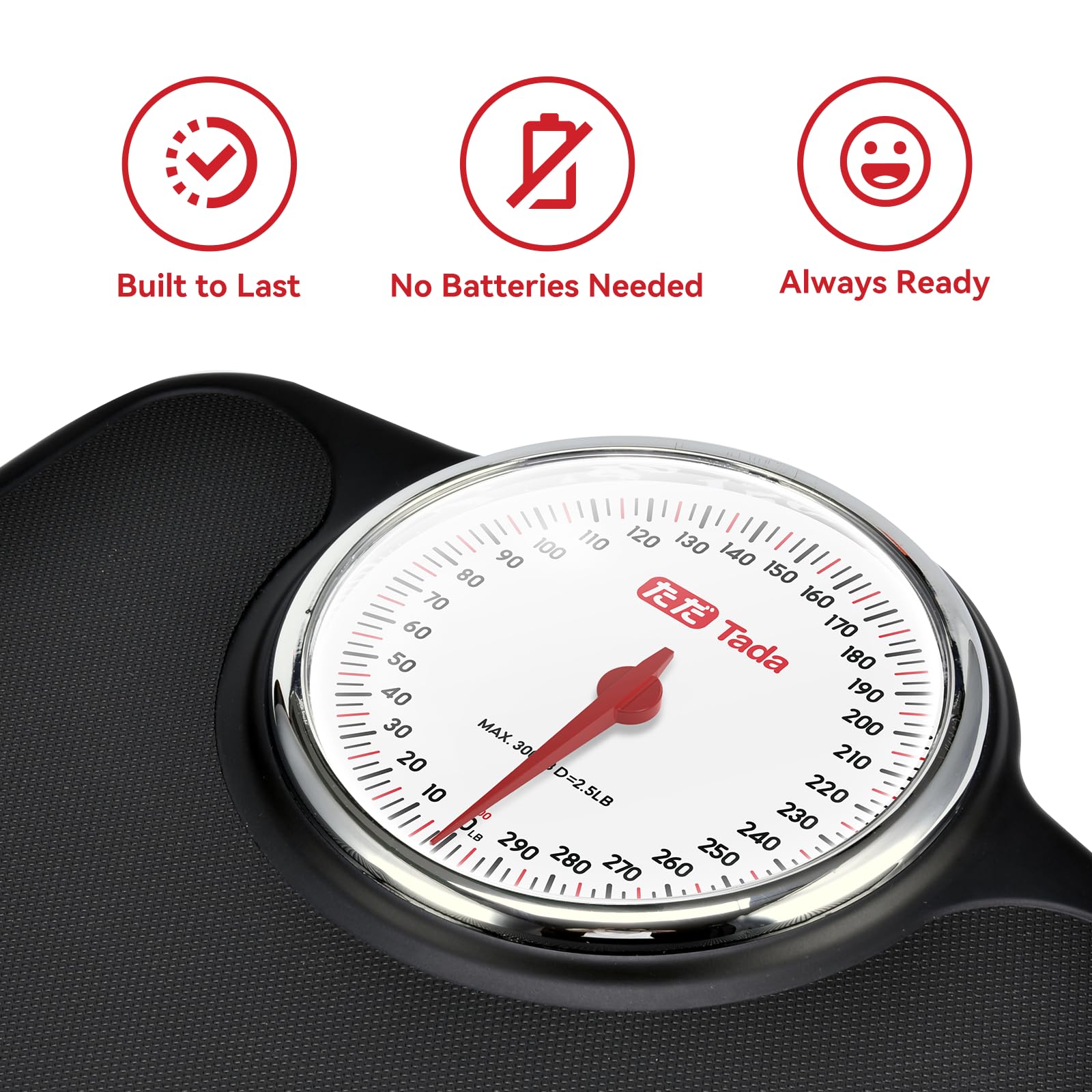 Tada Báscula analógica para peso corporal, báscula mecánica no digital grande de hasta 300 libras con esfera de fácil lectura y plataforma antideslizante