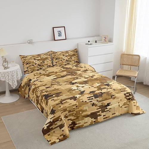 Miniatura 2 de Juego de edredón camuflaje marrón y amarillo tamaño king, juego de cama camuflaje geométrico abstracto de 3 piezas, edredón acolchado camuflaje del