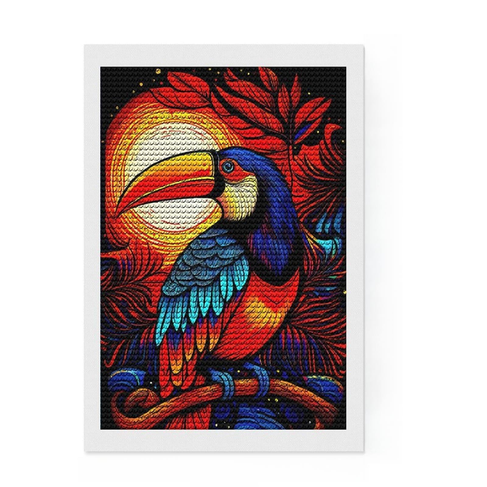 Junmoney Colorful Toucan Branch Diamond Art Kit 8"x12", Office Decor, for Women, with Tool Kit, Gift Idea, Stress Relief Craft, Adhesive Canvas