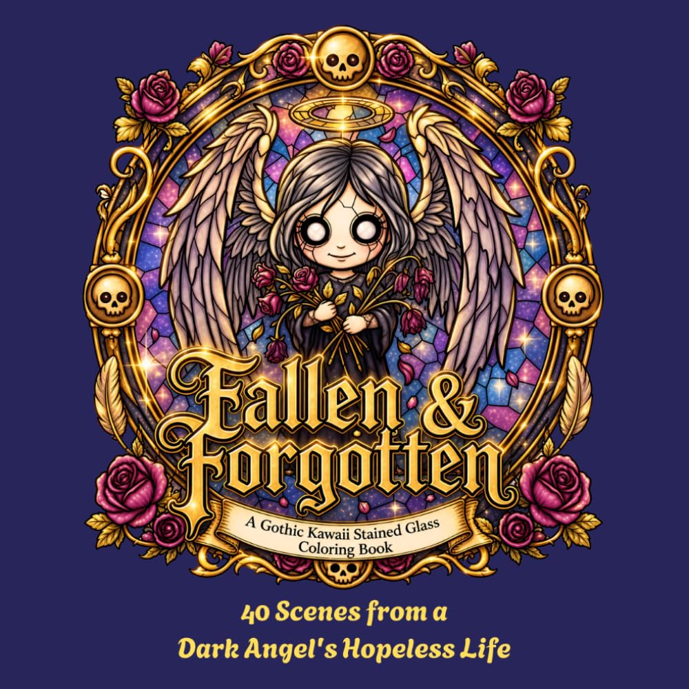Fallen & Forgotten: A Gothic Kawaii Stained Glass Coloring Book: 40 Scenes from a Dark Angel's Hopeless Life