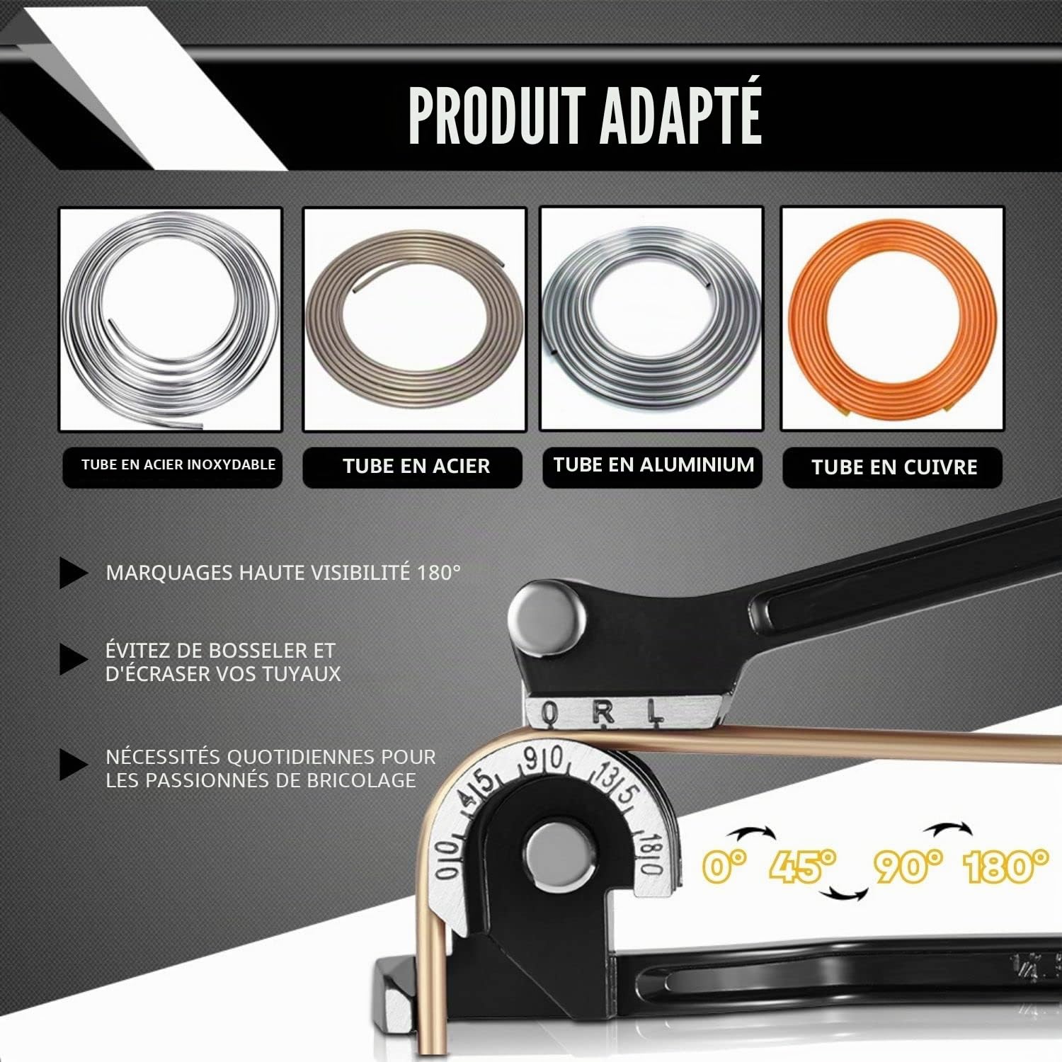 Flexzion Cintreuse de tubes – Cintrage manuel de tubes OD 3 tailles 6,35 mm, 1,6 cm, 9,5 mm, levier à 180 degrés, coude robuste, cuivre, laiton, aluminium et métal souple pour tuyaux CVC, eau, gaz,