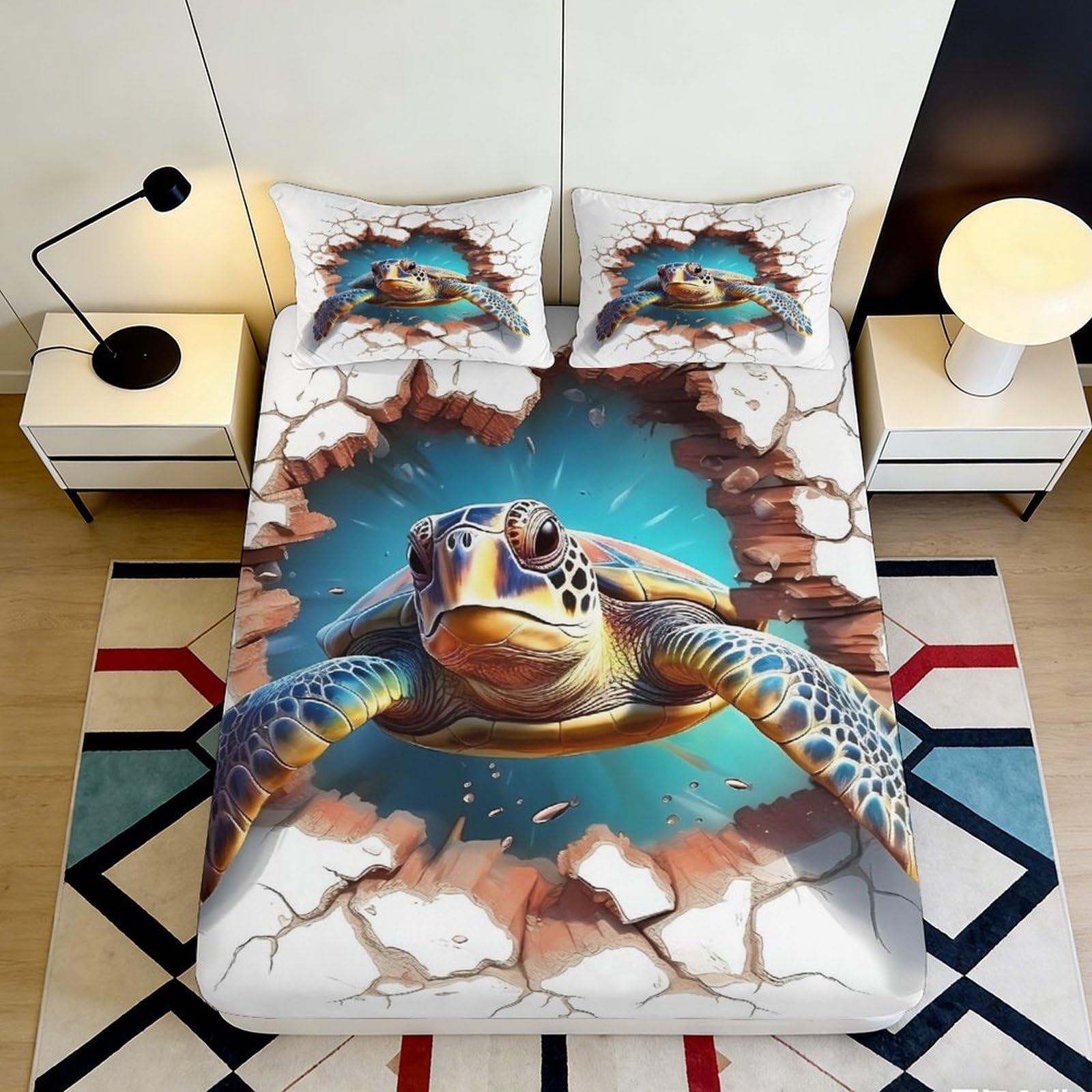 3D Printed Sea Turtle Fitted Sheet Microfiber Deep Pocket Non-Slip Bedroom Bedding Ocean Mattress Fitted Cover for Adults Teens 140x200x25cm