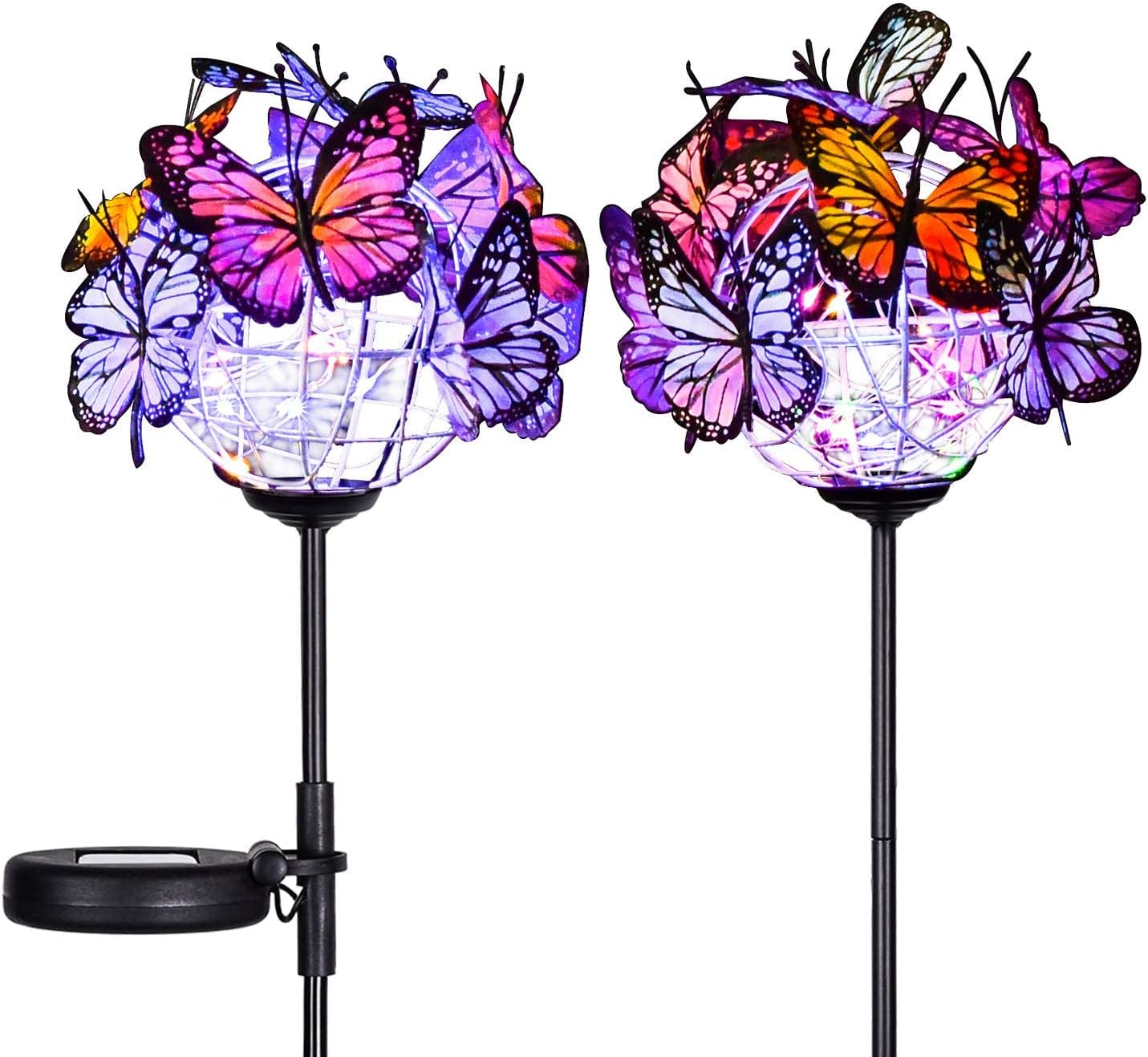 Doingart Outdoor Solar Garden Lights - 2 Pack Solar Powered Garden Stake Lights with 18 Butterflies and Copper String Lights, Multicolor