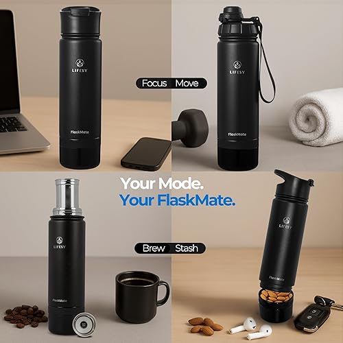 Miniatura 3 de Botella de viaje para café y cerveza fría, frasco aislado de 18 onzas con infusión estilo prensa francesa, almacenamiento oculto y tapas dobles,