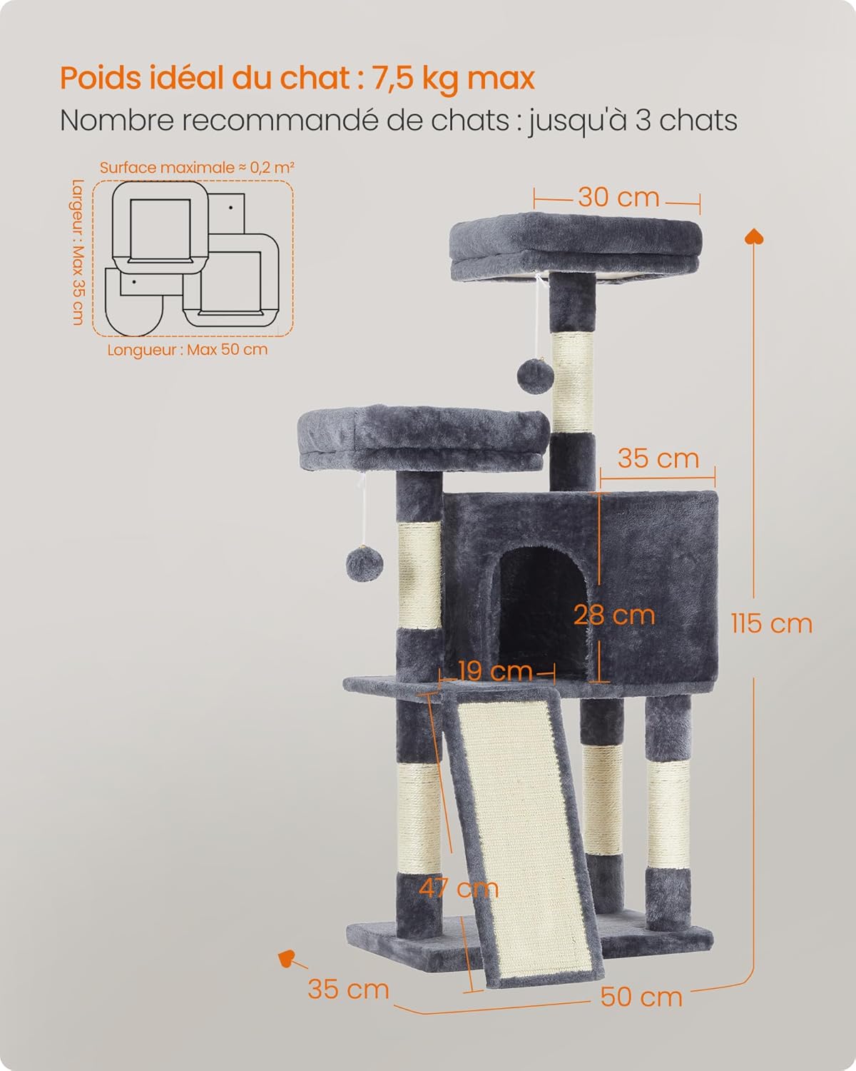 Detailed dimensions diagram of the FEANDREA Cat Tree PCT141G01