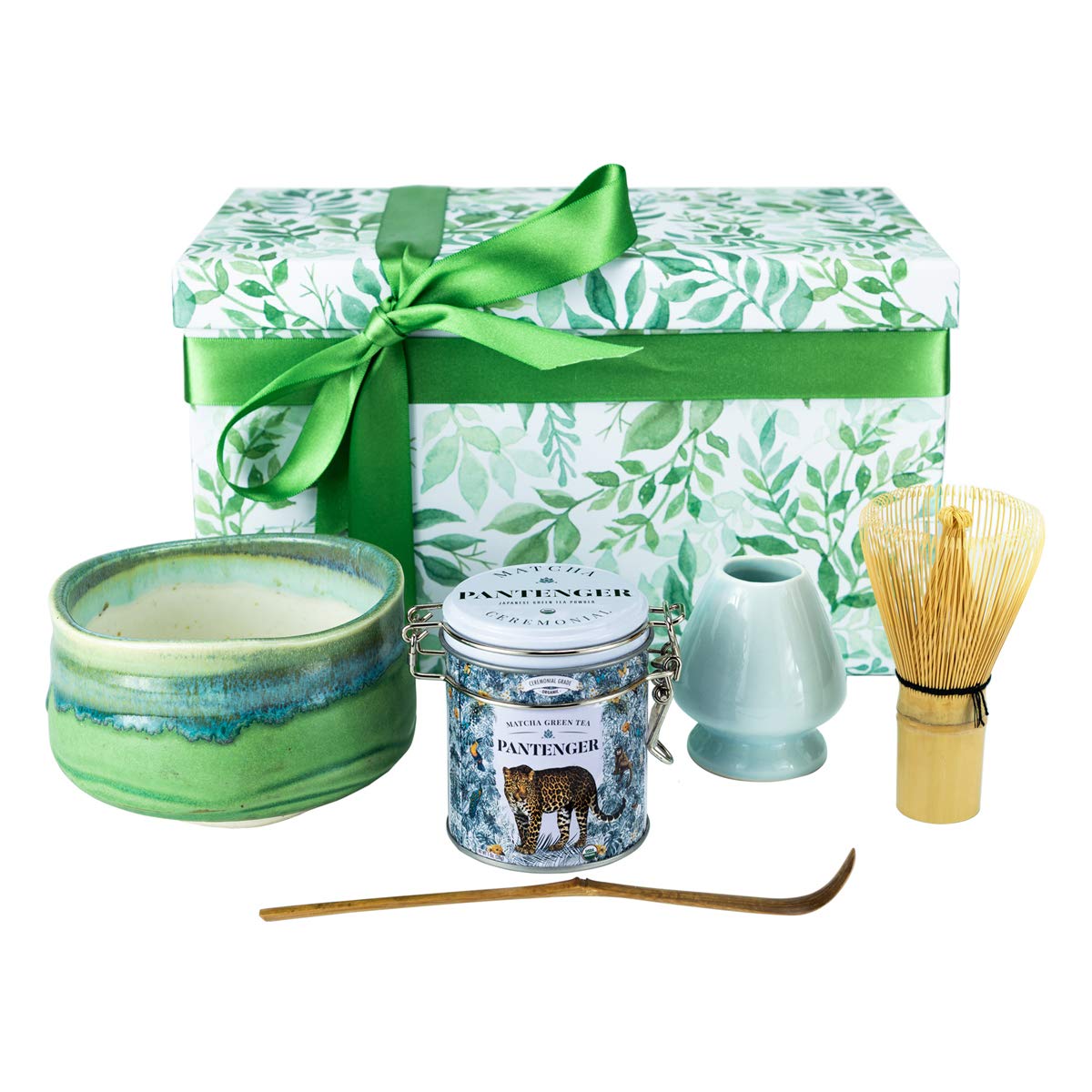 Pantenger Matcha Gift Set Rikyu Green and Blue. The Furuta Oribe style Chawan, or matcha bowl, is handmade in Kagoshima, Japan.