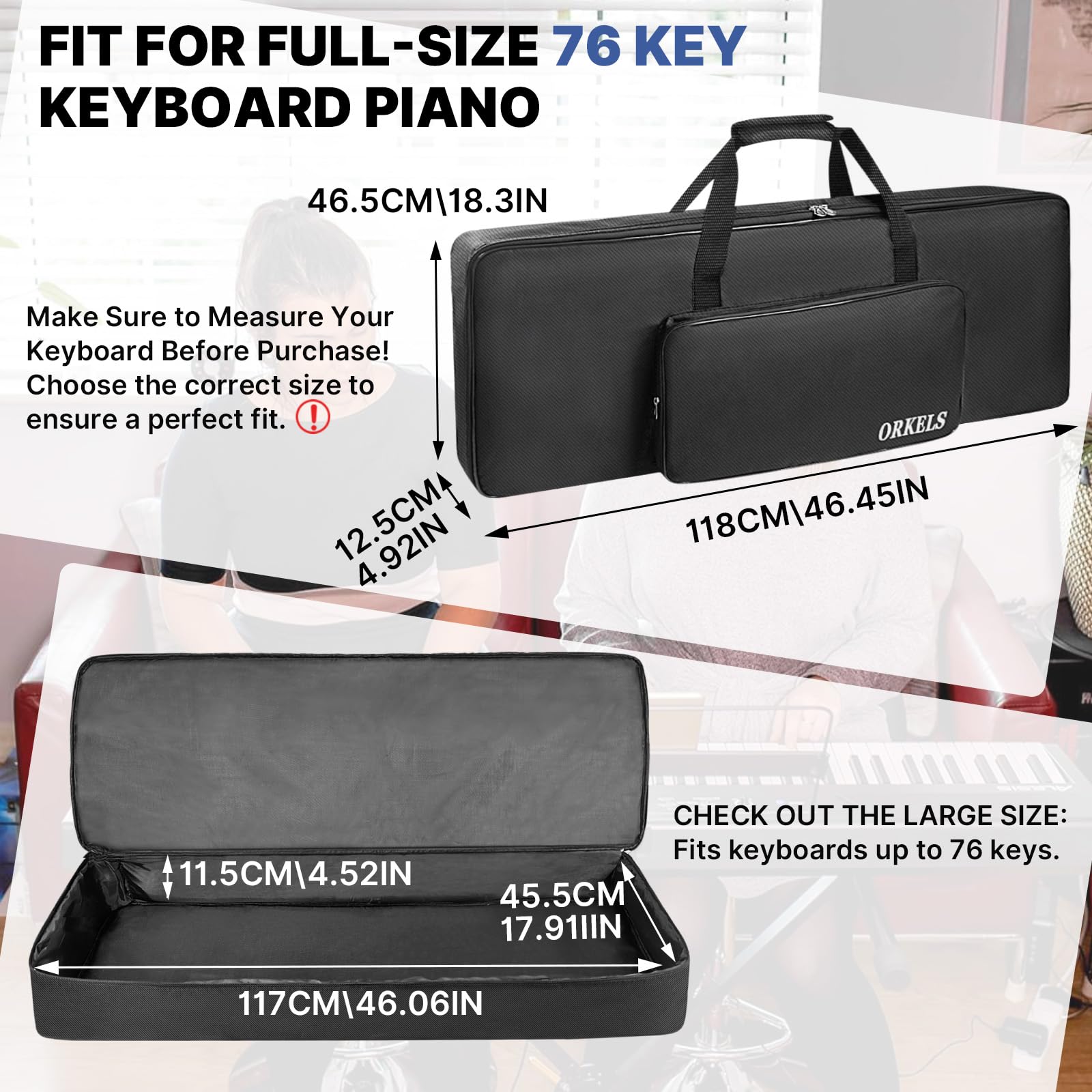 ORKELS Keyboard-Tasche mit 76 Tasten, 10 mm gepolstert, für E-Biano Keyboard, Gigbag Rucksack, mit großer Zubehörtasche (für 76 Tasten Keyboard)