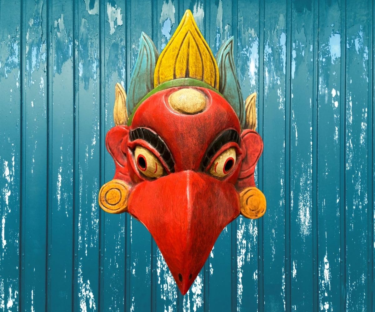 AJAAYABGHAR Tibetan Garuda Mask, Hand-Carved Wood, 26 cm, Red and Off white color