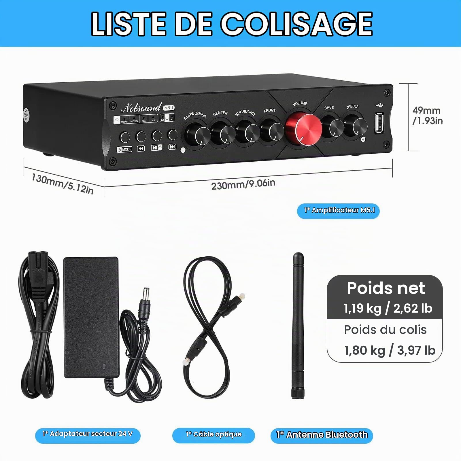 Nobsound HiFi 5.1 Canal Bluetooth Amplificateur stéréo Home Cinéma Amplificateur de Puissance Subwoofer Amplificateur Audio