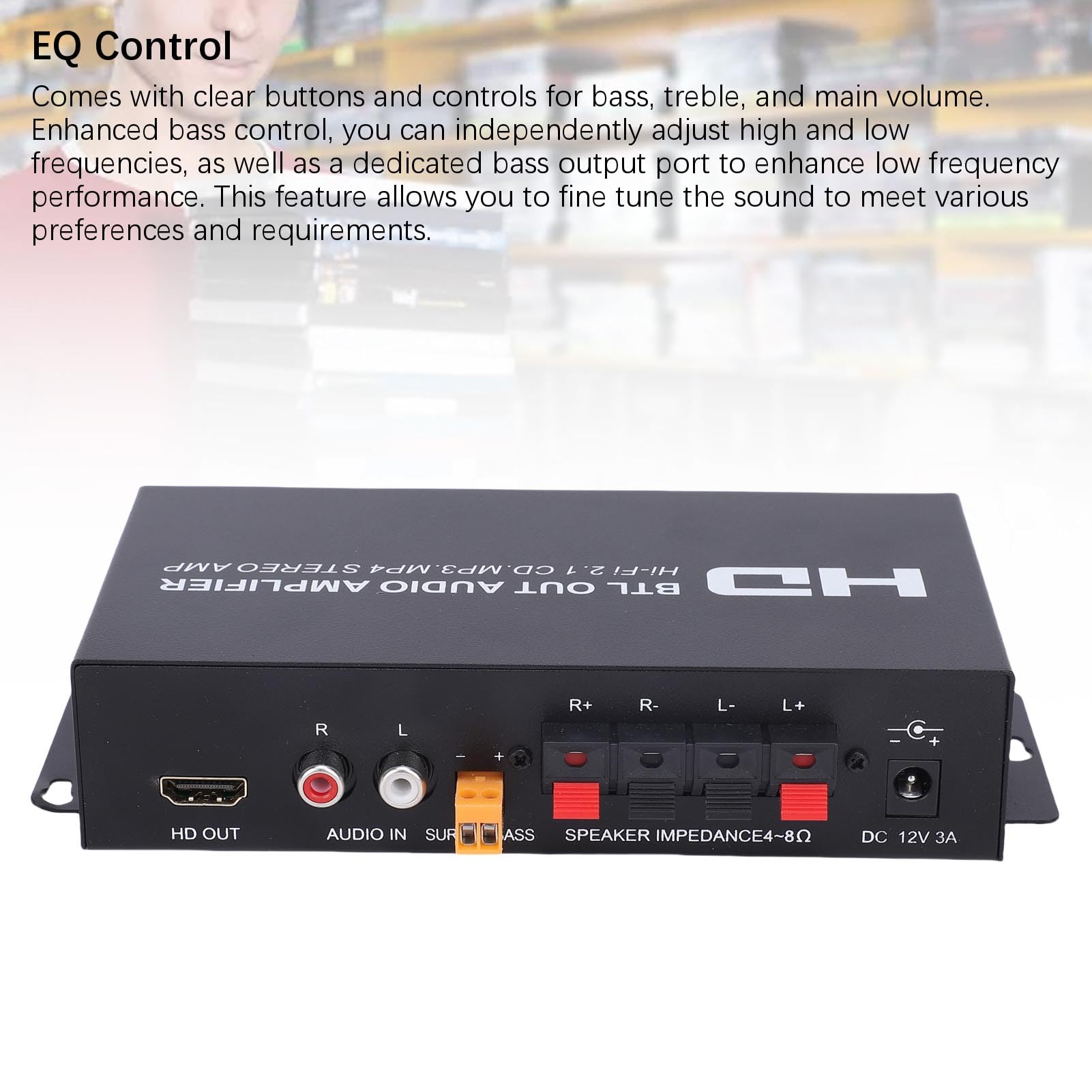Amplificador de Audio Estéreo Bluetooth, Receptor de Doble Canal con HDMI/RCA/AUX, Alta Fidelidad, Fuente de Alimentación UE