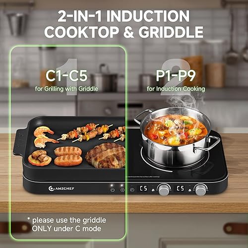 Miniatura 5 de AMZCHEF Placa de cocción de doble inducción con sartén extraíble antiadherente, 1800 W, 2 quemadores, estufa de inducción portátil con sensor