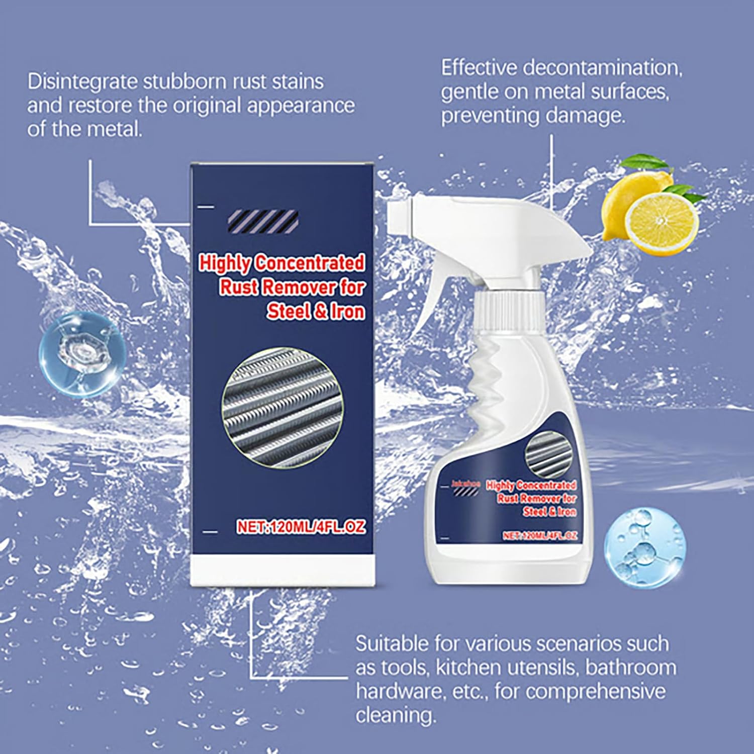Powerful Rust Remover for Metal and Stainless Steel, Heavy Duty Highly Concentrated Spray Rust Stain Remover for Car, Tools, Steel, Cast Iron (3 Pcs)