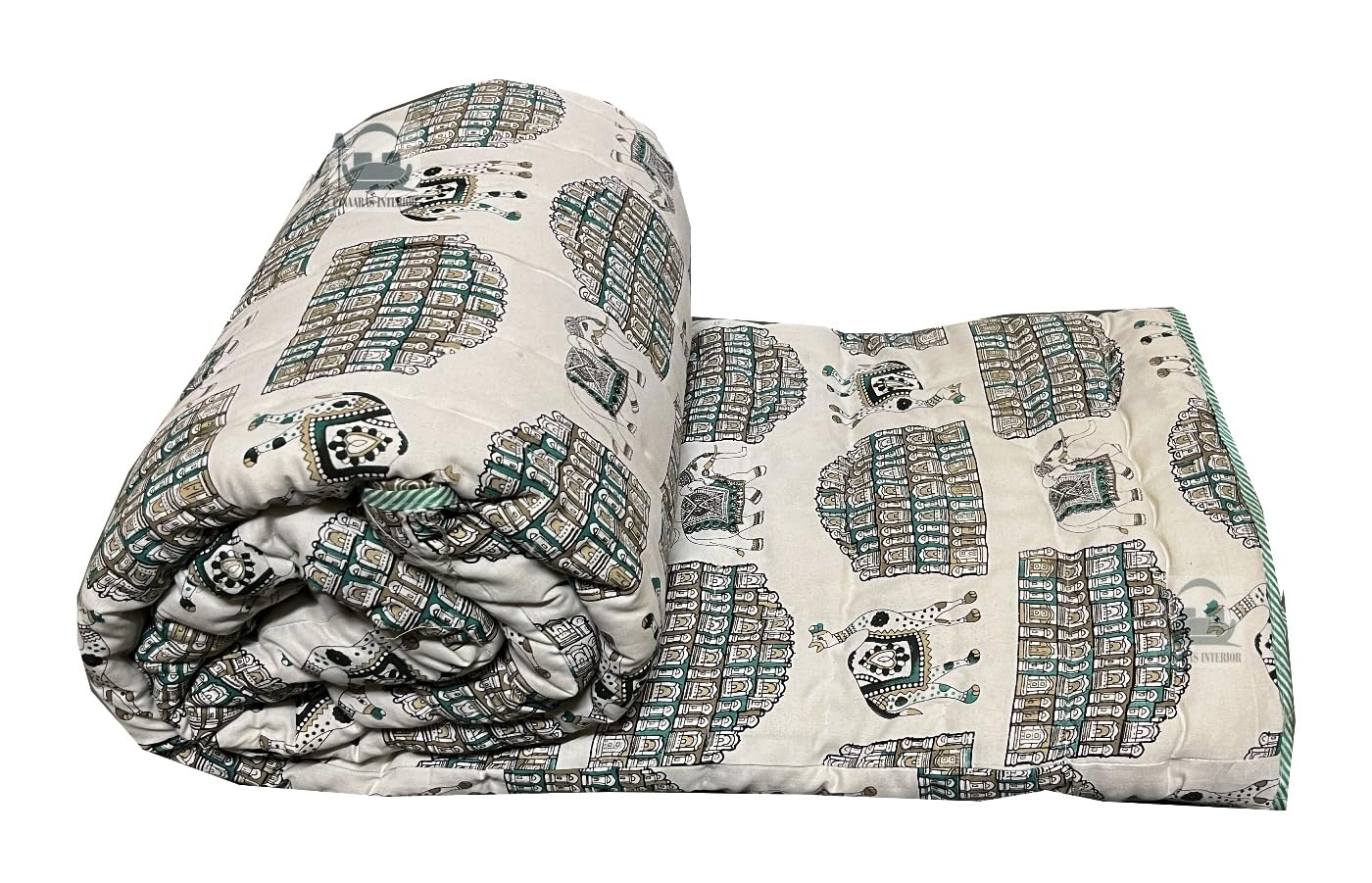 Lightweight Cotton Quilt Jaipuri Print Razai Rajasthani Traditional Double Bed Rajai – Green (85X100 Inch)