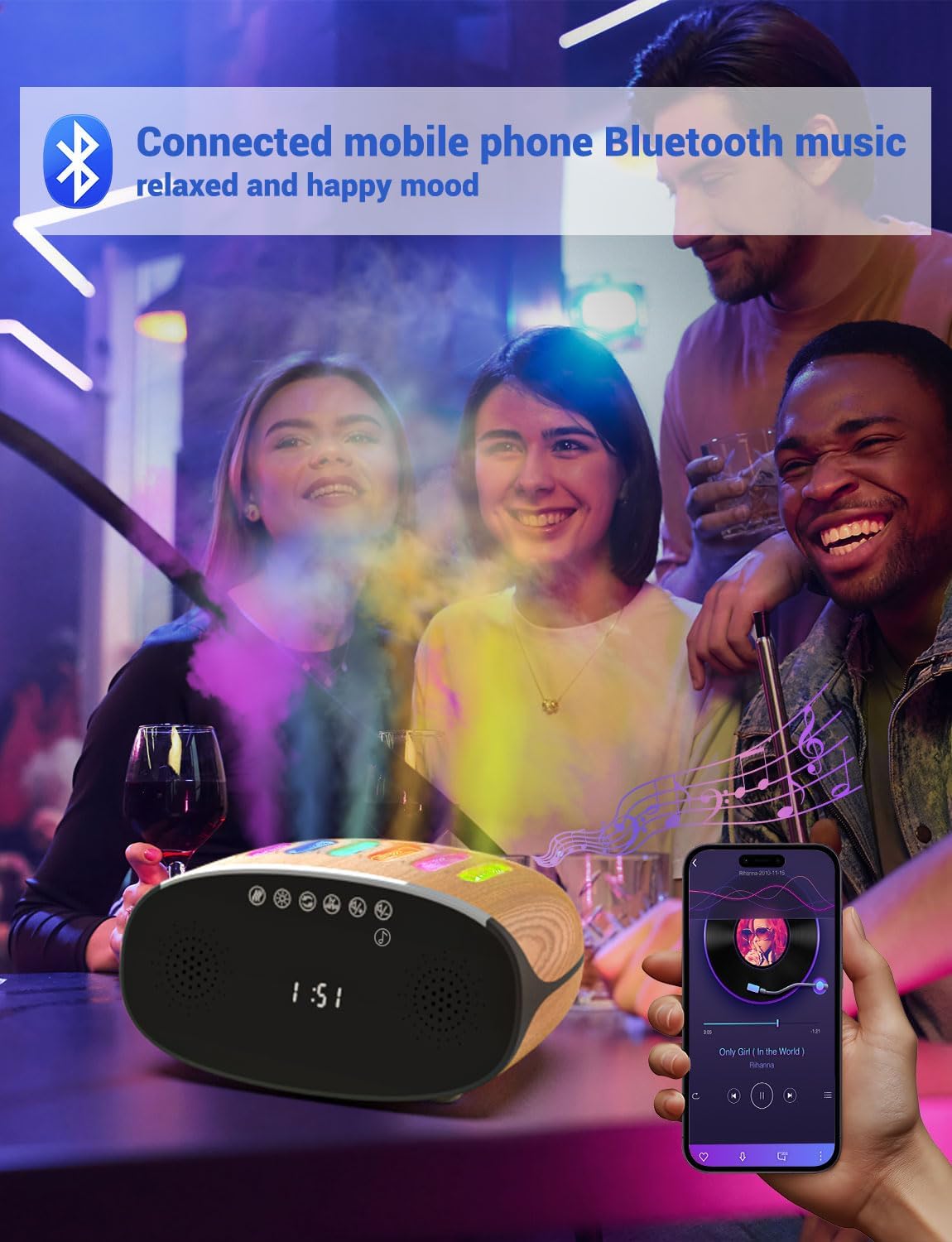 Quiet Ultrasonic Bedroom Humidifier, 500ml with 6 Nozzles and 7 LED Lights, Timer Function, Bluetooth Music, Remote Control + Touchscreen Switch, Suitable for Living Room, Baby Room, and Office