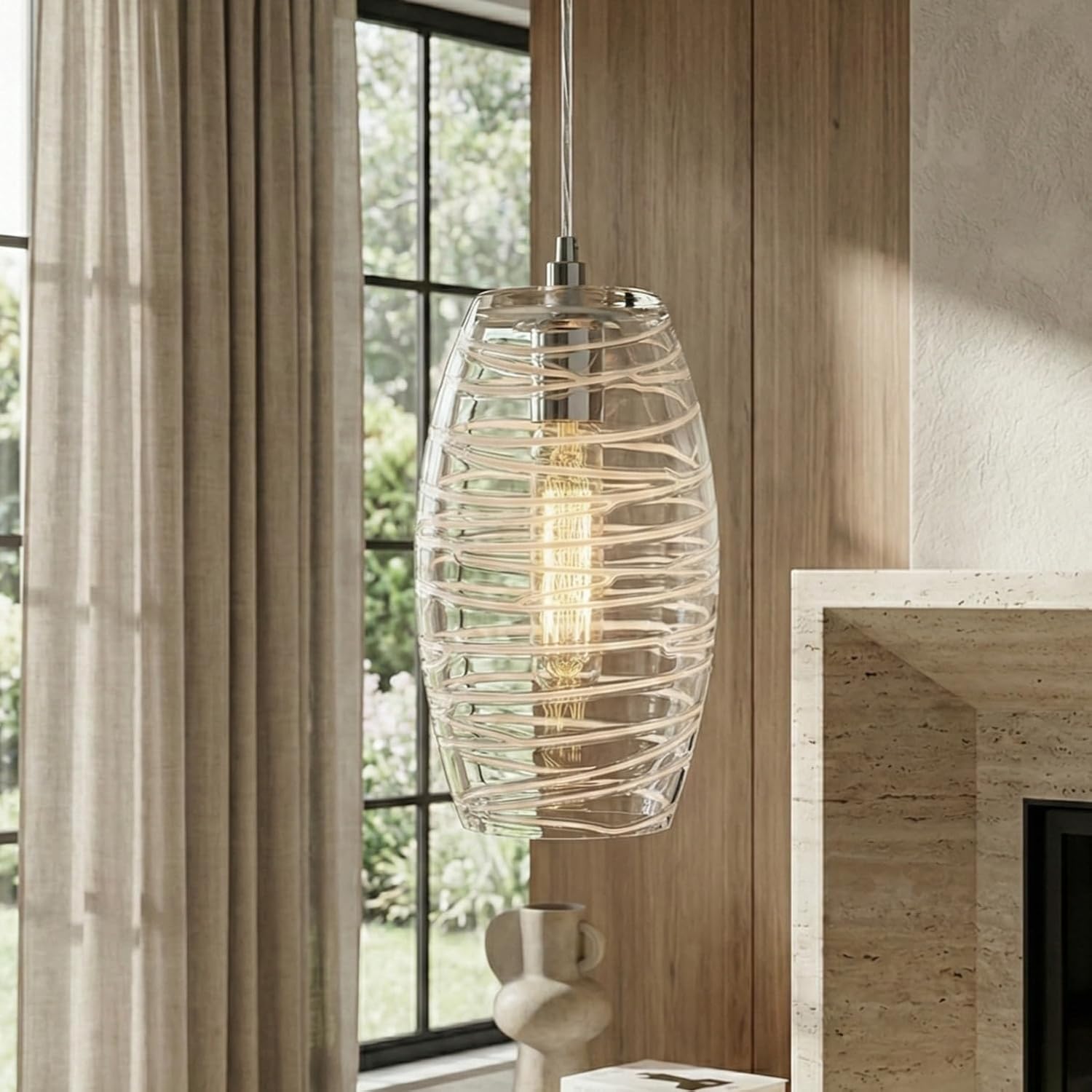 Maxax Modern Glass Pendant Light with Handblown Clear Art Glass Shade, 7" Modern Hanging Kitchen Island Pendant Lamp, 1-Light Ceiling Hanging Fixture for Kitchen Island, Bar Dining Room, UL Listed