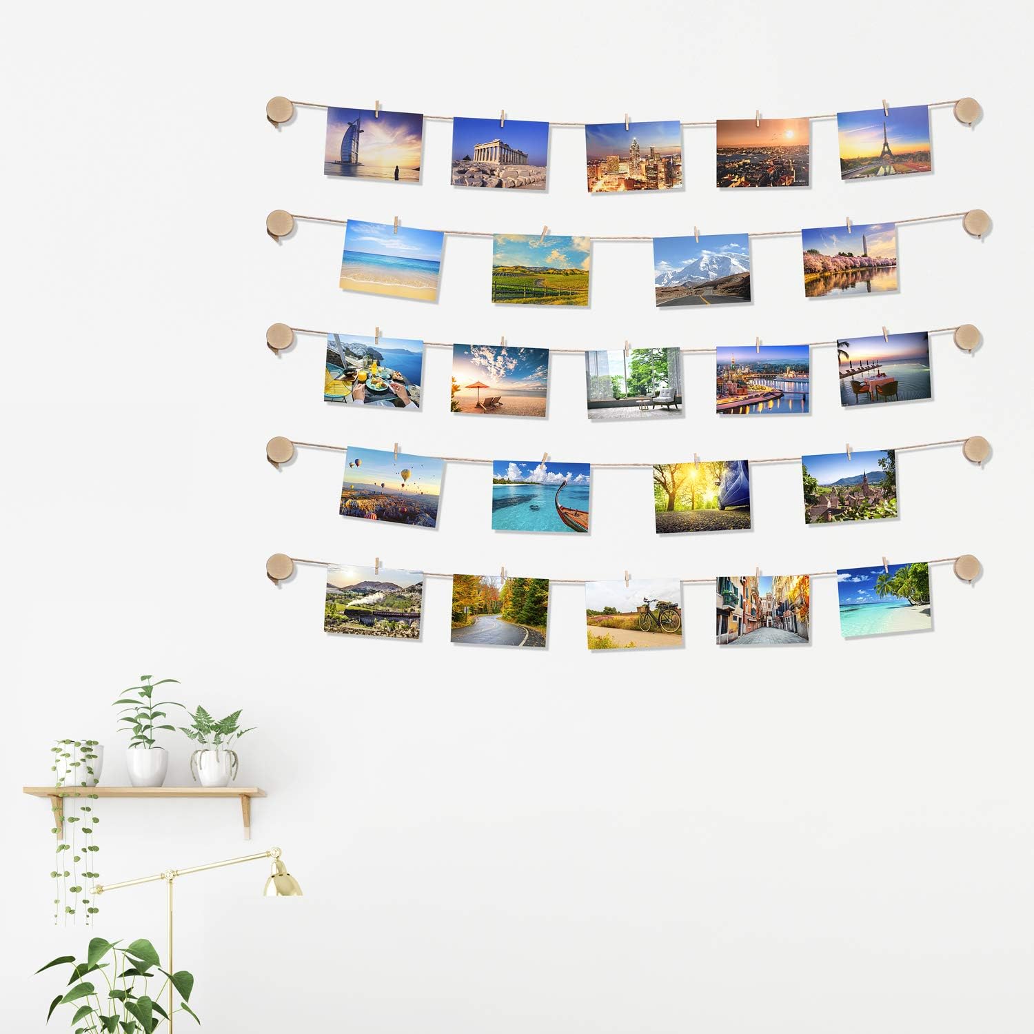 TWING Clip Photo Display - Easy Install Self Adhesive 3M Hanging Photo Display Picture Frame Collage - 10 Wooden Button Holders for Wall Decor Hanging Photos
