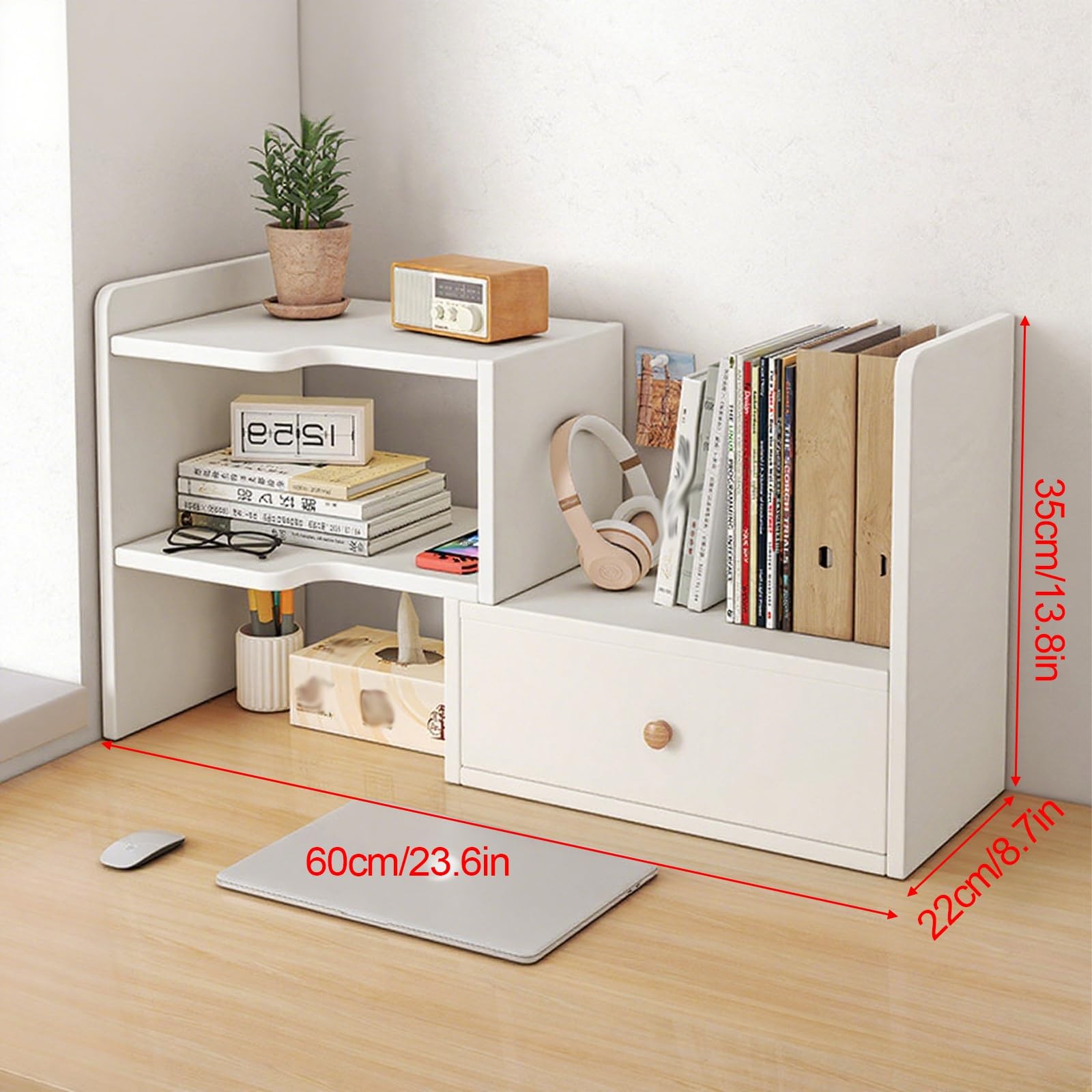 Schreibtisch-Organizer aus Holz, mit Schubladen, platzsparend, für Bücher und Bürobedarf, stilvolles Gitterregal für Zuhause, Wohnheim, Arbeitszimmer und Schminktisch (linkes Modell)