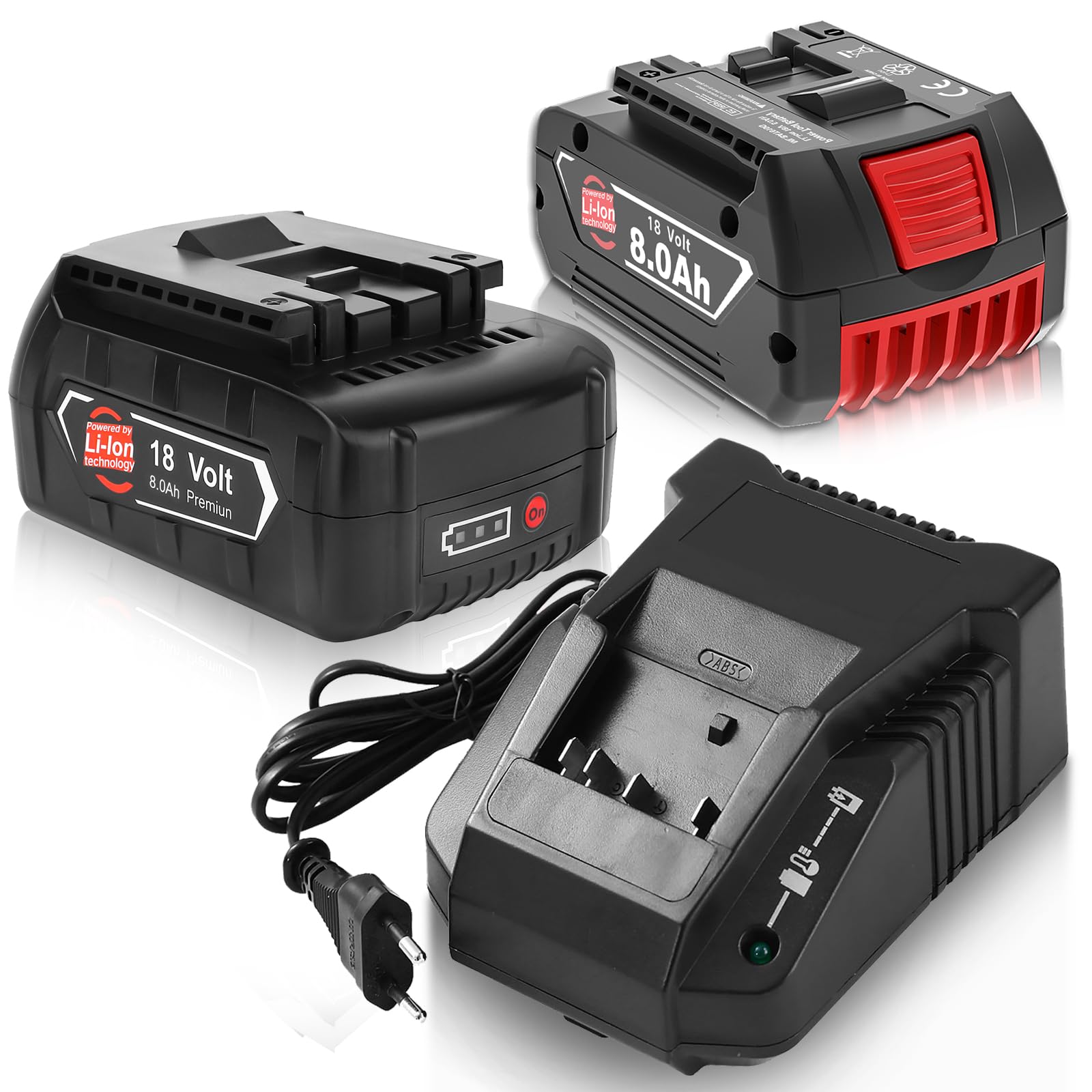 2 pièces 8.0Ah Remplacement pour Bosch 18V Batterie GBA + Chargeur Compatible Uniquement avec Les Outils 18V de Couleur Bleue pour BAT609 BAT609G BAT618 BAT618G BAT619 BAT619G BAT610G BAT610