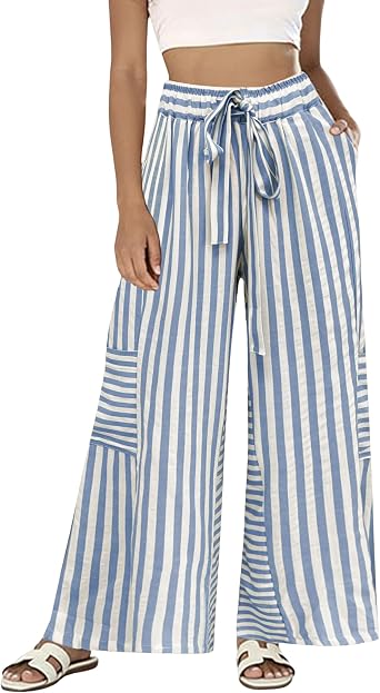 Bankeng Womens Summer Casual Striped Pants Loose Wide Leg Lounge Pants Elastic Waist Palazzo Trousers with Pockets