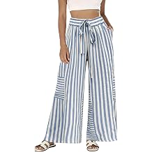 Bankeng Womens Summer Casual Striped Pants Loose Wide Leg Lounge Pants Elastic Waist Palazzo Trousers with Pockets