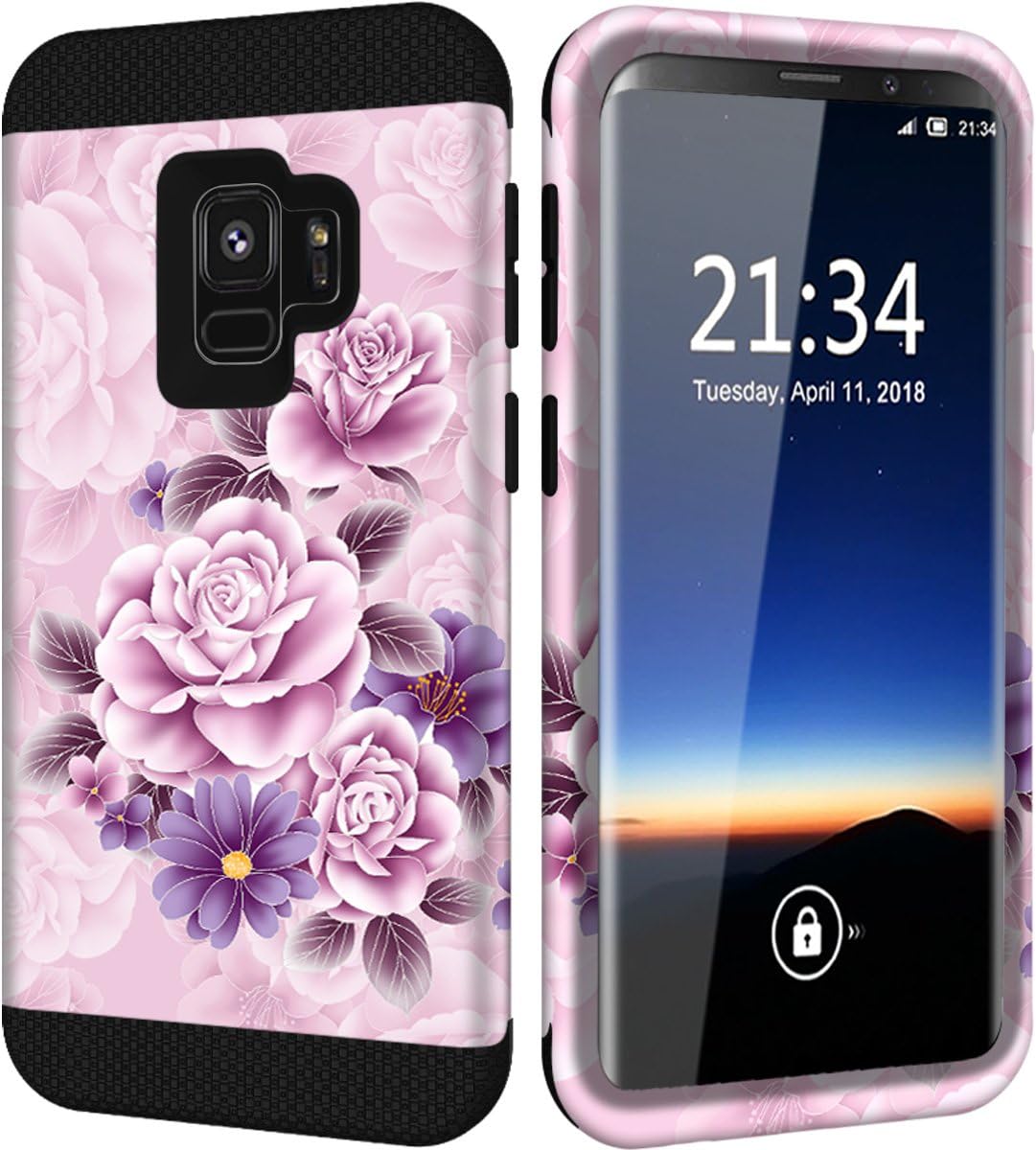 Hocase Galaxy S9 Case w/Unique Flower Pattern Design, Sturdy 3-Piece Heavy Duty Shockproof Protection Hard Armor Cover Rubbery Protective Case for Samsung Galaxy S9 2018 - Light Pink Purple