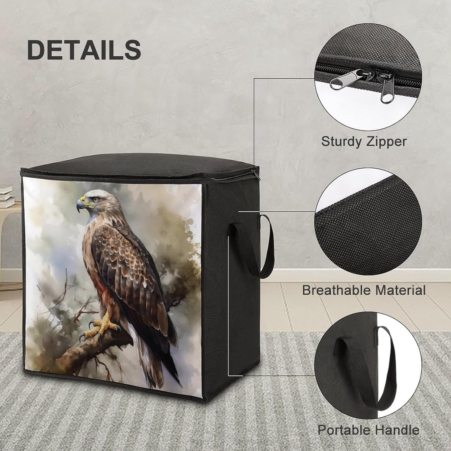 Quilt Storage Bag,Watercolor Of Hawk Sitting In The Tree Printed Large Foldable Storage Container Portable Travel Storage Bag for Blankets, Quilts, Clothes, Comforter, Bedding And Pillows