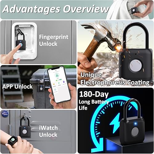 Miniatura 2 de Pothunder Candado de huellas dactilares, candado inteligente, cerradura de casillero, cerradura de combinación, cerradura de huellas dactilares