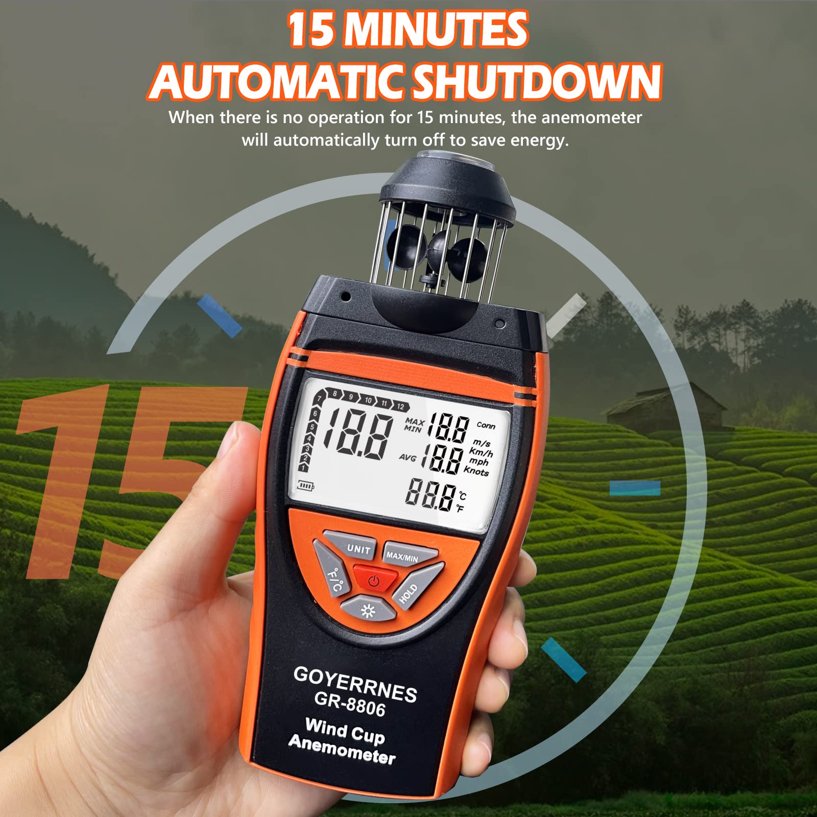 Cyfrowy anemometr ręczny, GR-8806 wiatromierz Air Velocity Tester Measure Wind Speed m/s, km/h, mph, Knots Temperature ℃ /℉ Support Tripod Screw, Data Retention, Backlight