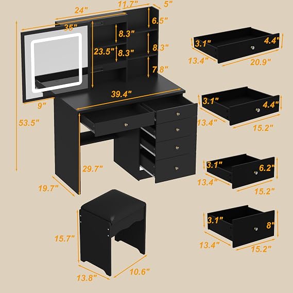 Black Dressing Table Set with Sliding 3-Colour LED Mirror & Stool