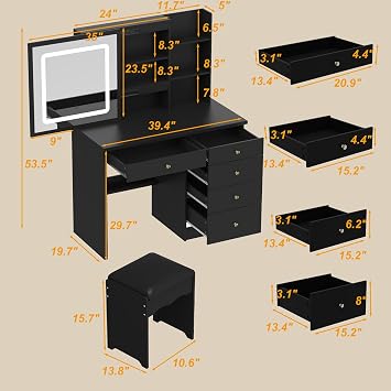 Black Dressing Table Set with Sliding 3-Colour LED Mirror & Stool