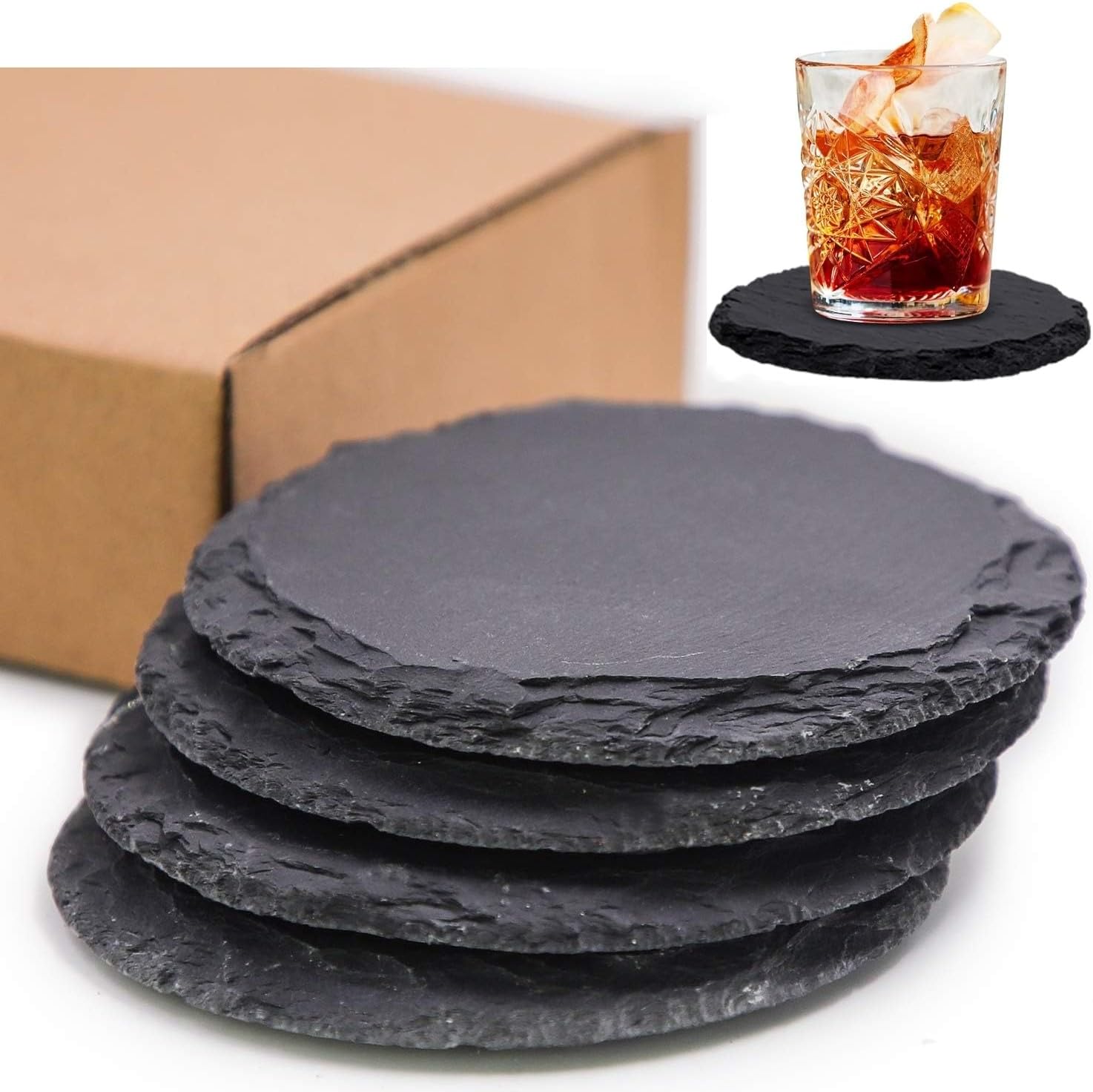 LATERN 4Pcs Slate Drink Coasters, 10CM Round Black Stone Coaster Engravable Blank Slate Cup Coaster Natural Rough Edge with Anti Scratch Bottom for Drink Coffee Bar Kitchen Home Decor