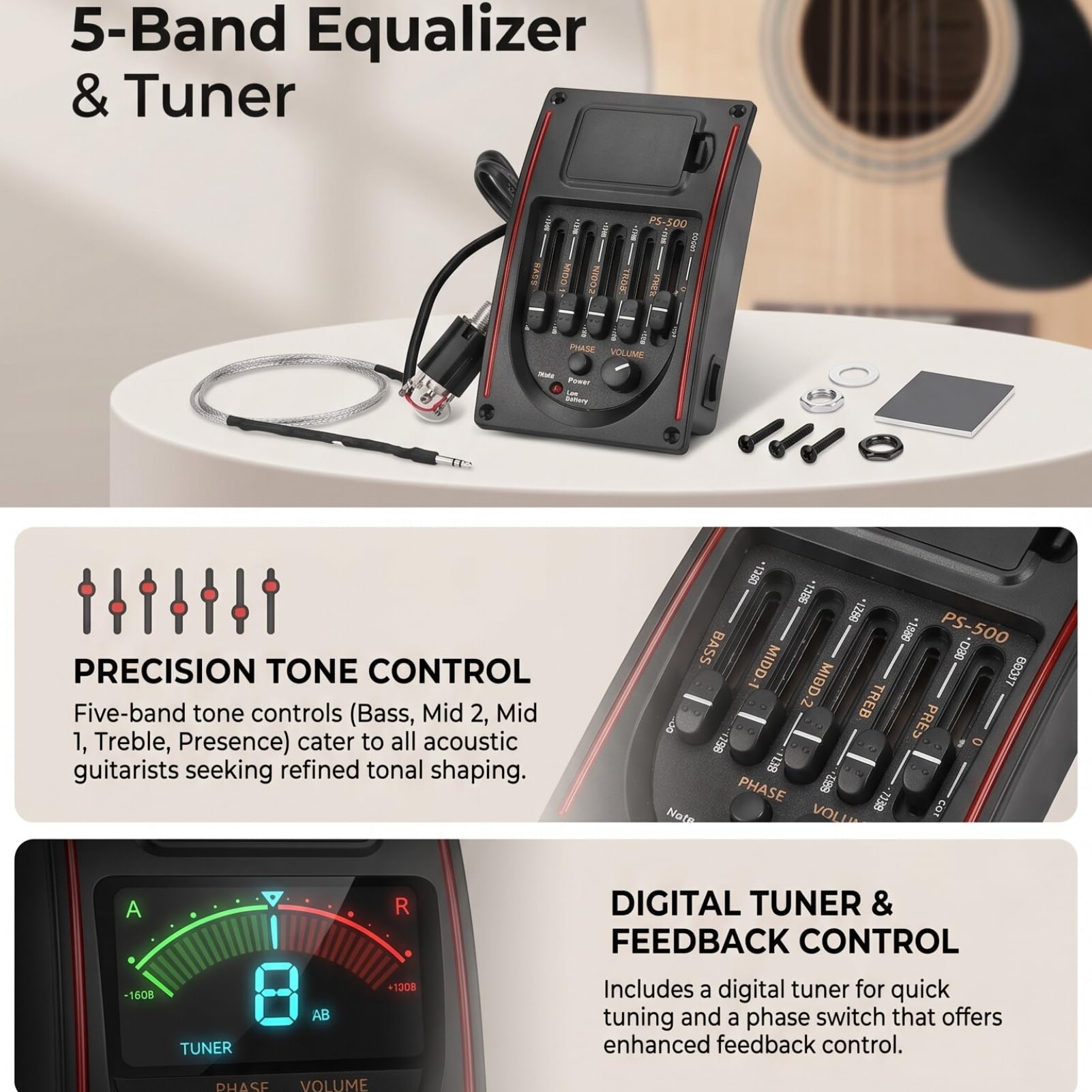 EQ Gitarren-Equalizer PS-500 5-Band-Equalizer Akustikgitarren-Equalizer-Tuner Digitaler Tonabnehmer für Akustikgitarre Zubehör für Musikinstrumente
