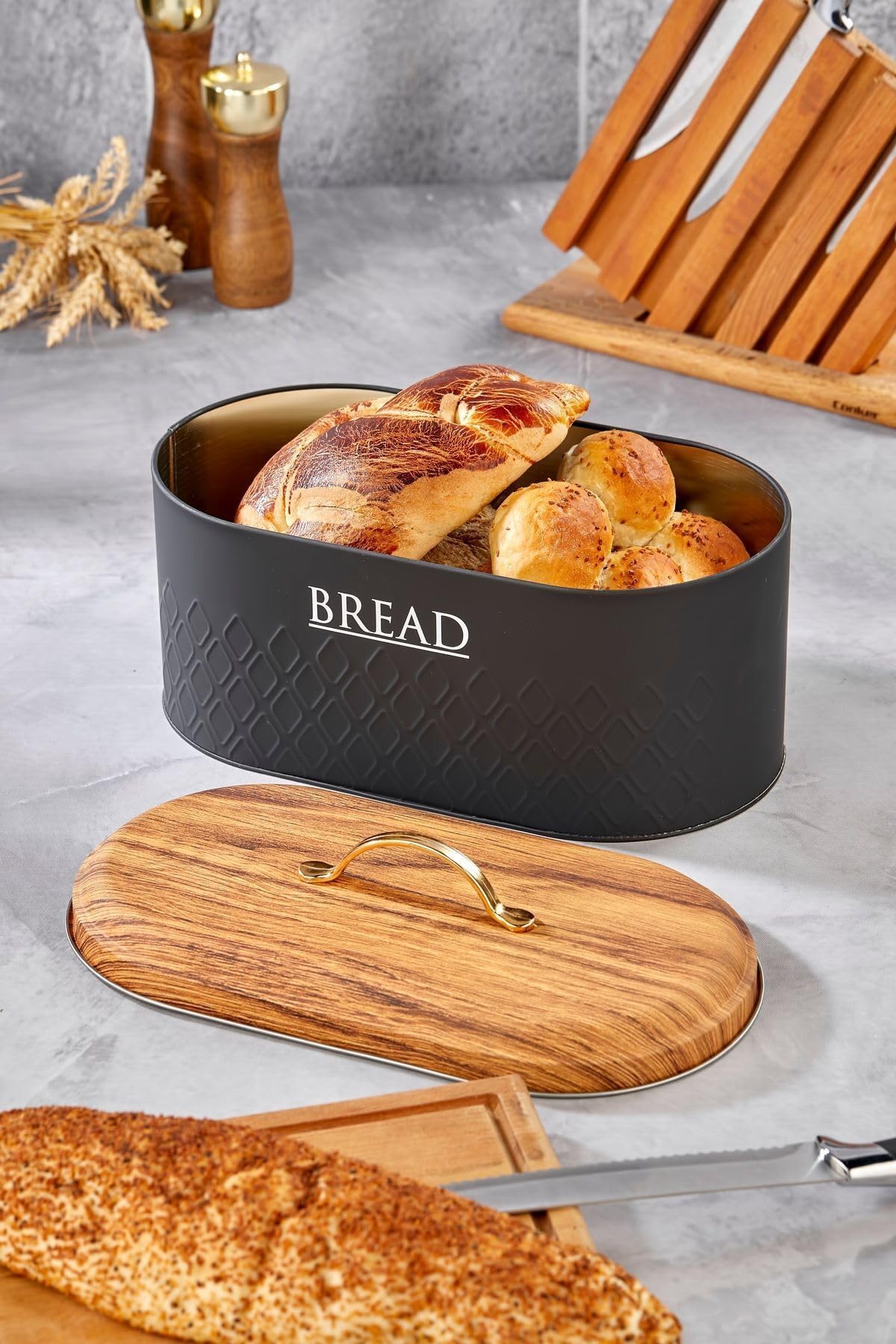 UCR HOME Yeni Desen Detaylı Premium Metal Ekmeklik, SİYAH
