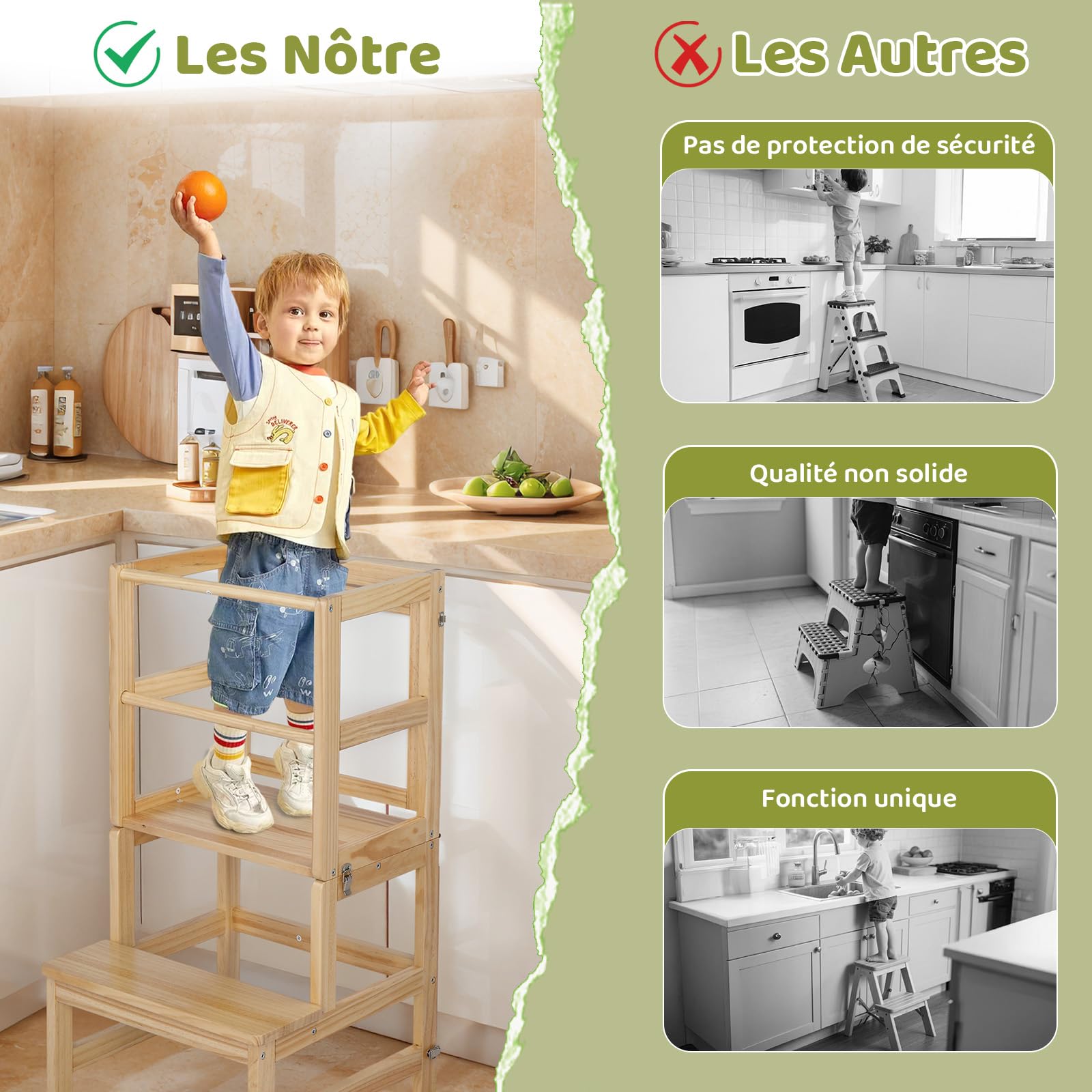 Tour d'Observation Enfant Bonnlo, Tour d'Apprentissage en Bois Montessori pour Enfants à partir de 18 Mois (Nature)