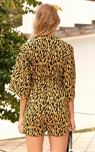 Miniatura 5 de PRETTYGARDEN - Enterizo de pantalones cortos con estampado de leopardo para mujer, cuello en V cruzado, manga 34, de estilo casual, holgado, de gran