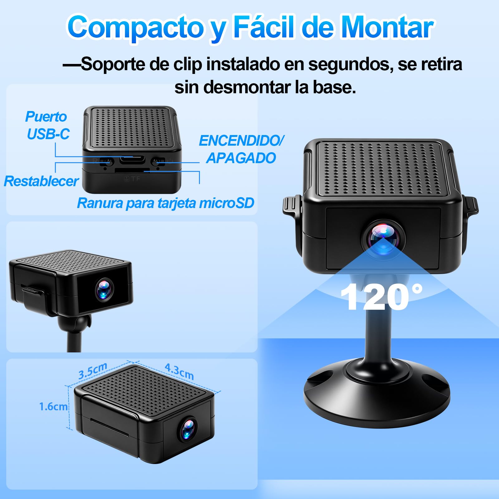 Mini Cámara Vigilancia WiFi Interior, 1080P Visión Nocturna, Batería
