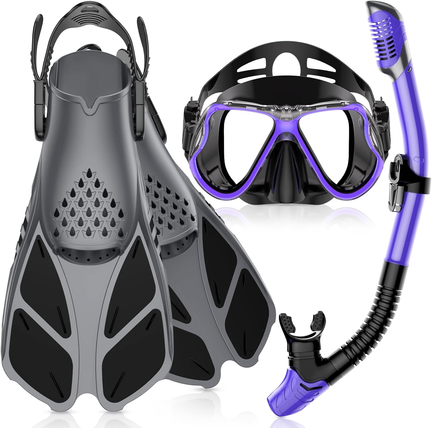 Greatever Snorkeling Gear for Adult, Mask Fins Snorkel Set Combo Ideal Gift for Swimming or Diving (Black Purple-Black-L)