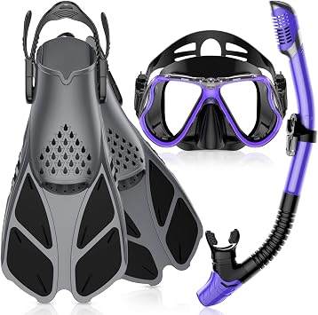 Greatever Snorkeling Gear for Adult, Mask Fins Snorkel Set Combo Ideal Gift for Swimming or Diving Black Purple-Black-S