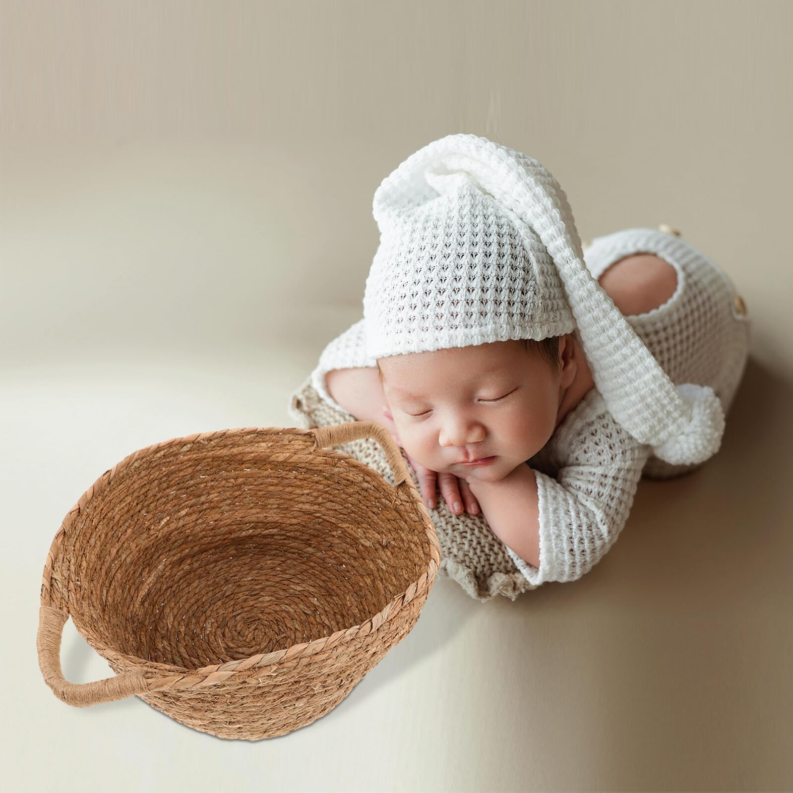 Cestino Fotografico Ragazzo Ragazza Intrecciato Mano con Manico Portatile e Versatile per Servizio Fotografico Decorazione Nursery e Regalo Shower Design Rustico Elegante