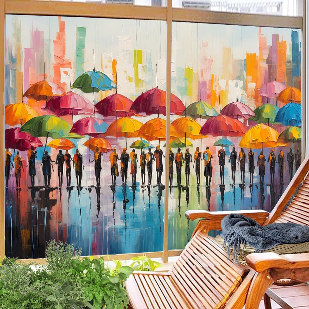 Abstract Umbrella Window Film Privacy Colorful Abstract Urban Street Pedestrian Stained Glass Window Film Sun Blocking Decorative Window Covering Film for Home Office 17.7Wx23.6L-inch x2 Pcs
