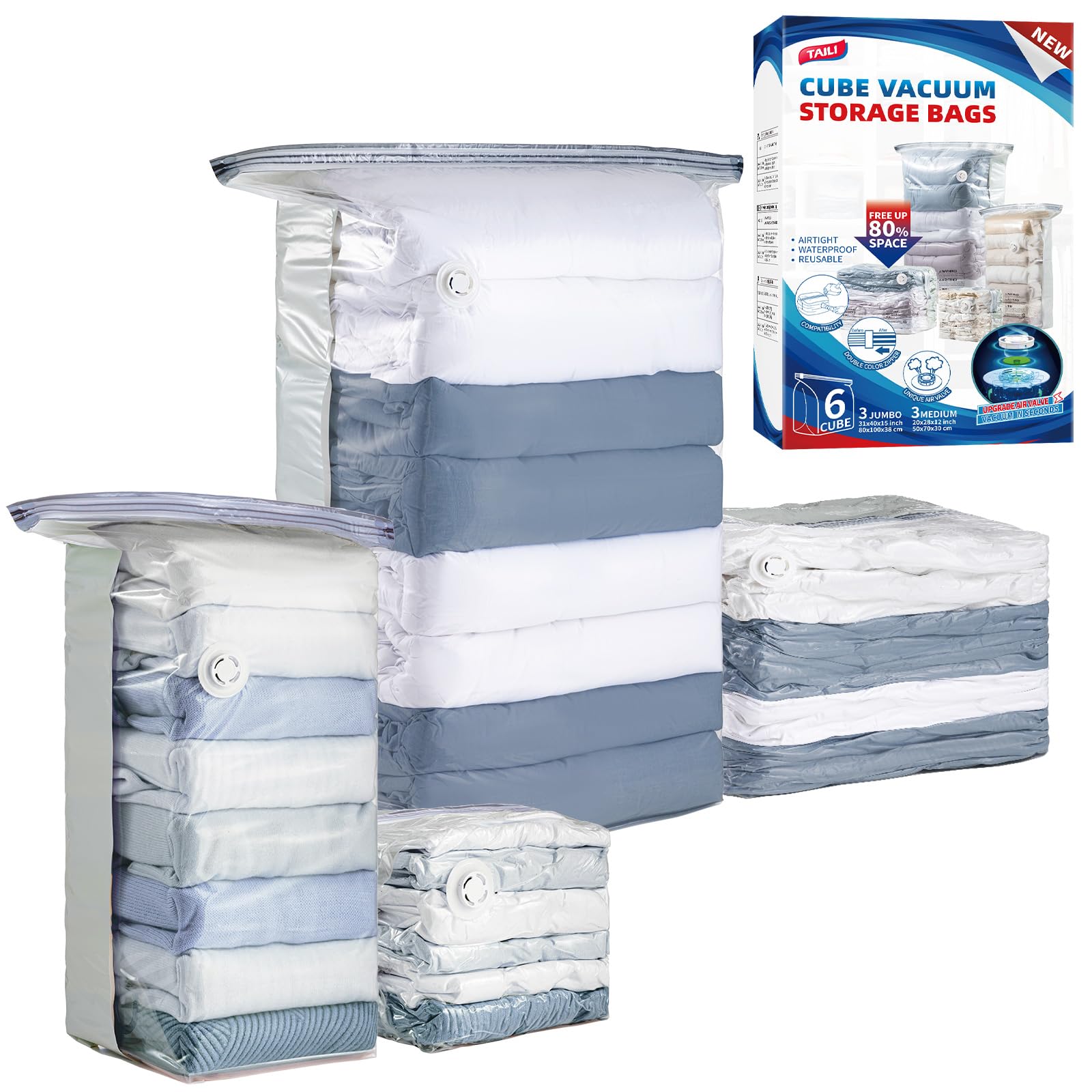 TAILI 6 Pack Vacuum Storage Bags, Cube Combo (3 Jumbo+3 Medium), Cream