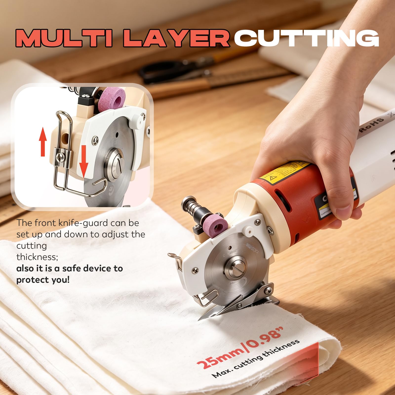 CGOLDENWALL Elektrischer Stoffschneider YJ-65, 65mm Klinge, Textil Leder | 2400RPM, 22mm Max Schnittdicke, Automatisches Schaerfen, Ersatzklinge, 220V
