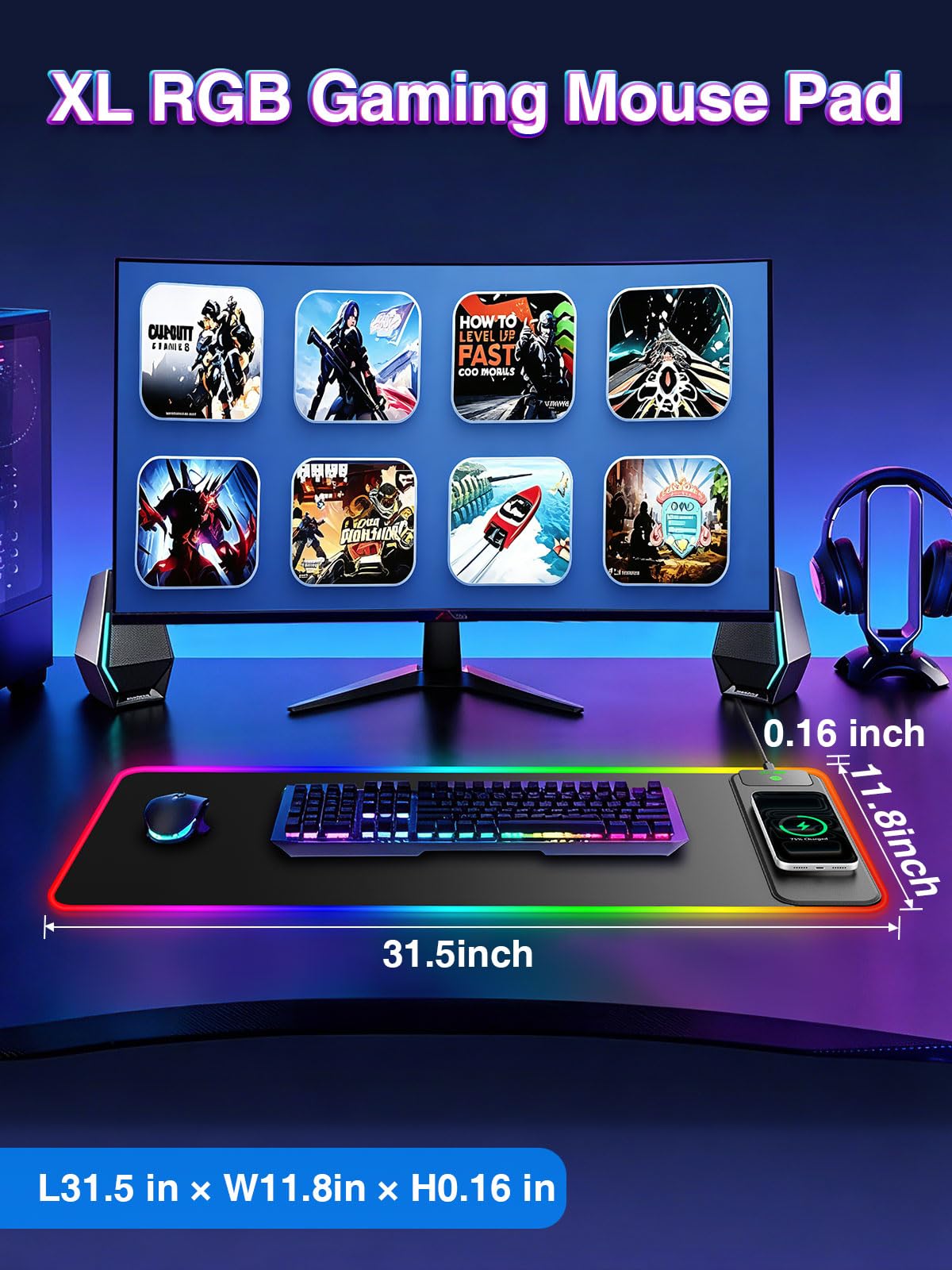 Alfombrilla de mouse RGB para juegos con cargador inalámbrico magnético de 15 W, alfombrilla de escritorio LED grande de 31.5 x 11.8 pulgadas, 24 efectos de iluminación con base de goma antideslizante