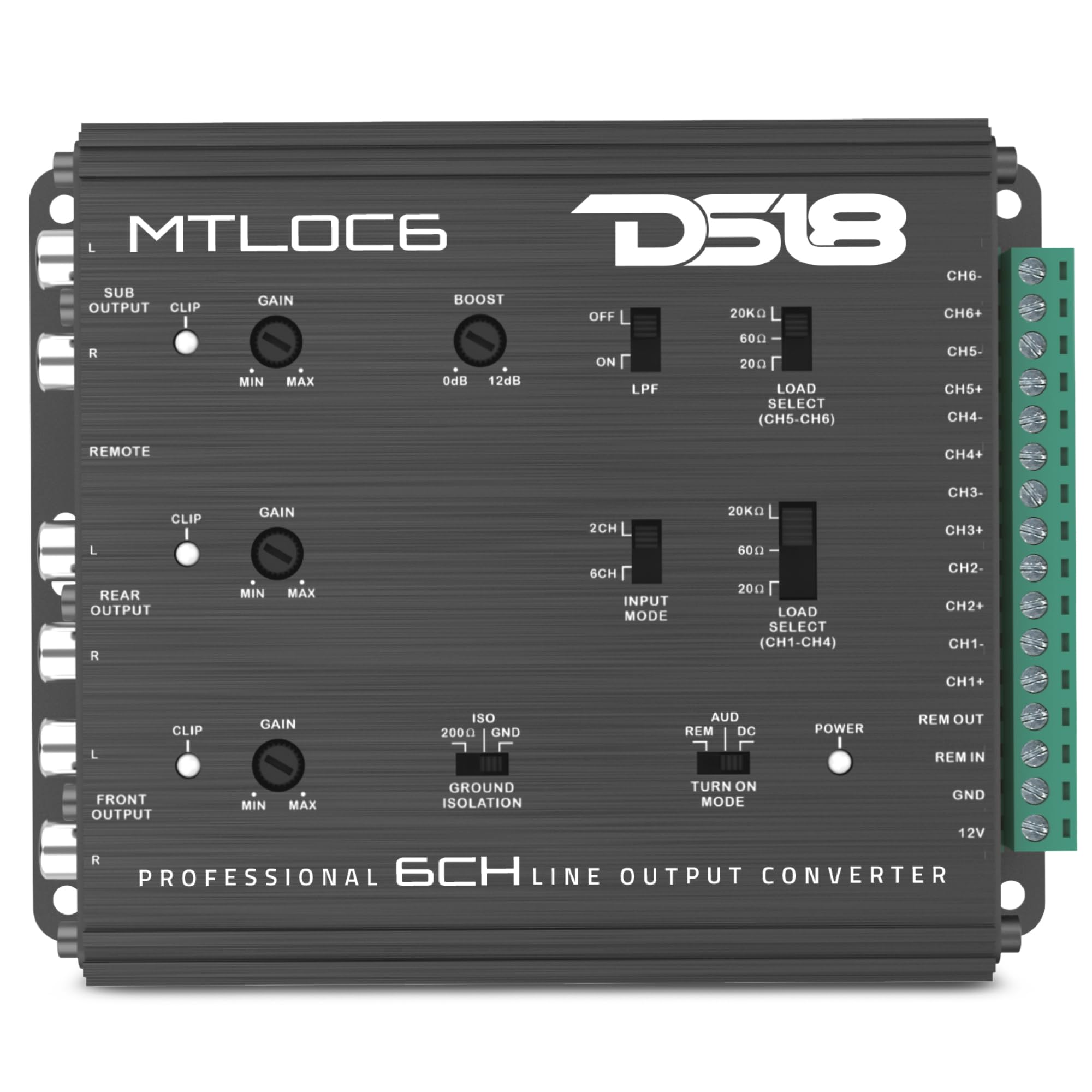 MTLOC6 6-Channel High-to-Low Level Line Output Converter with Remote Turn-On | Selectable 20/60/20kΩ Input Impedance | Aluminum Housing with Bass Boost (0–12dB)