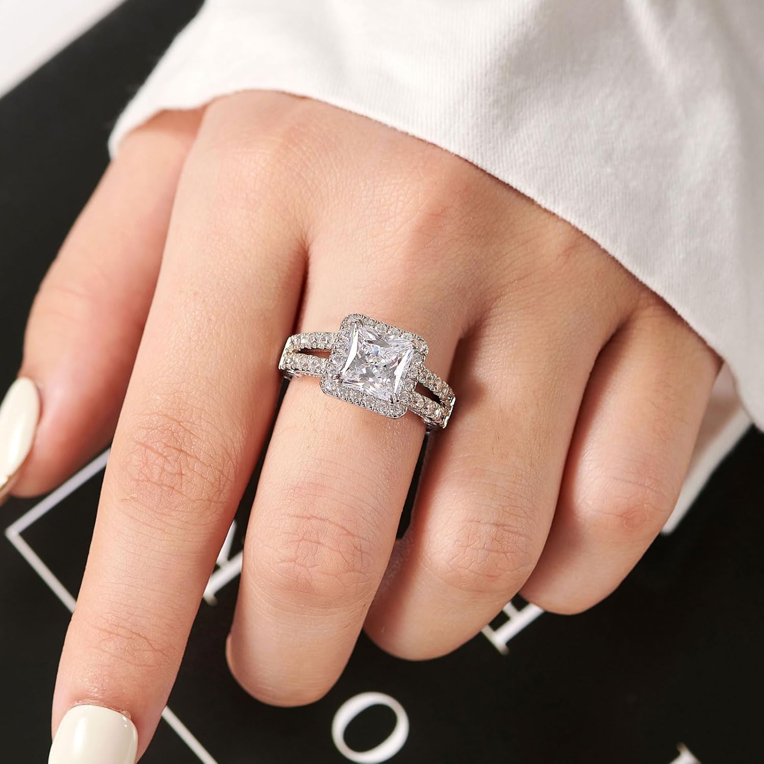 Wuziwen 925 Sterling Silver Halo Princess Cut Engagement Ring for Women AAAAA CZ Wedding Promise Rings for Her