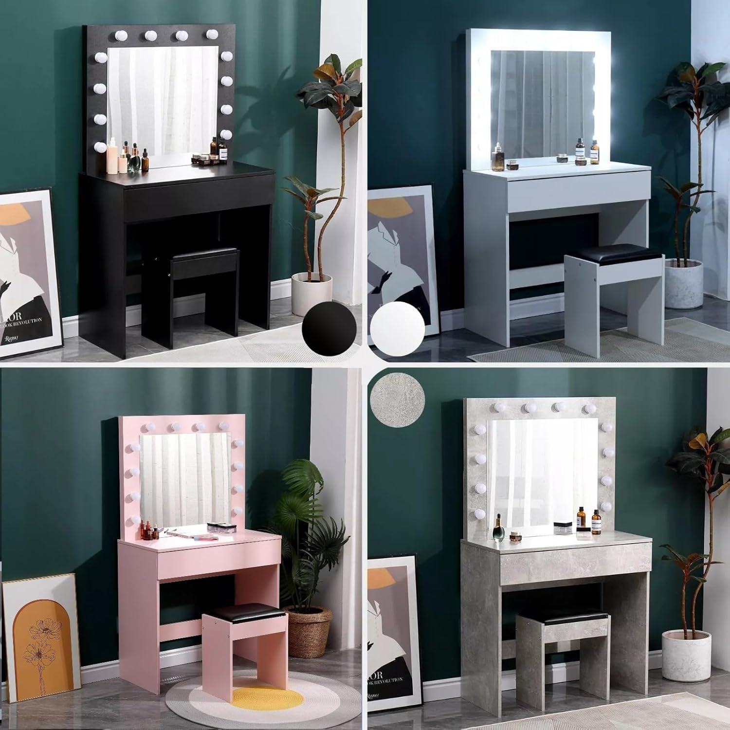 AVC Designs Dressing Table White With 1 Large Drawer & Stool Vanity Makeup Table with Hollywood LED Lights (White)