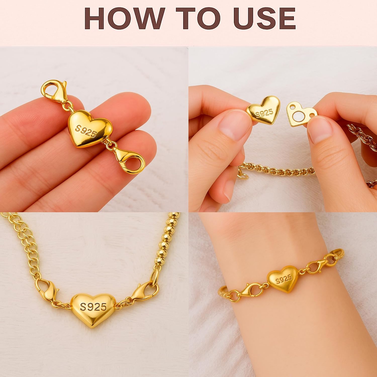 925 Sterling Silver Necklace Chain Extender with Heart Magnetic Clasp Strong Closure Bracelet Helper for Women (Gold) - Image 3