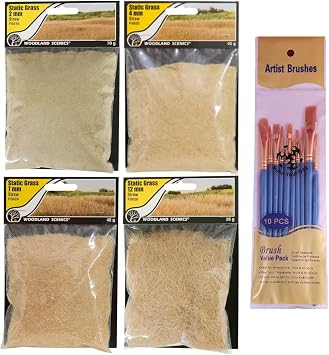 Woodland Scenics Static Grass Field System, Straw 2mm, 4mm, 7mm, and 12mm Pack of 4 - with Make Your Day Paintbrushes