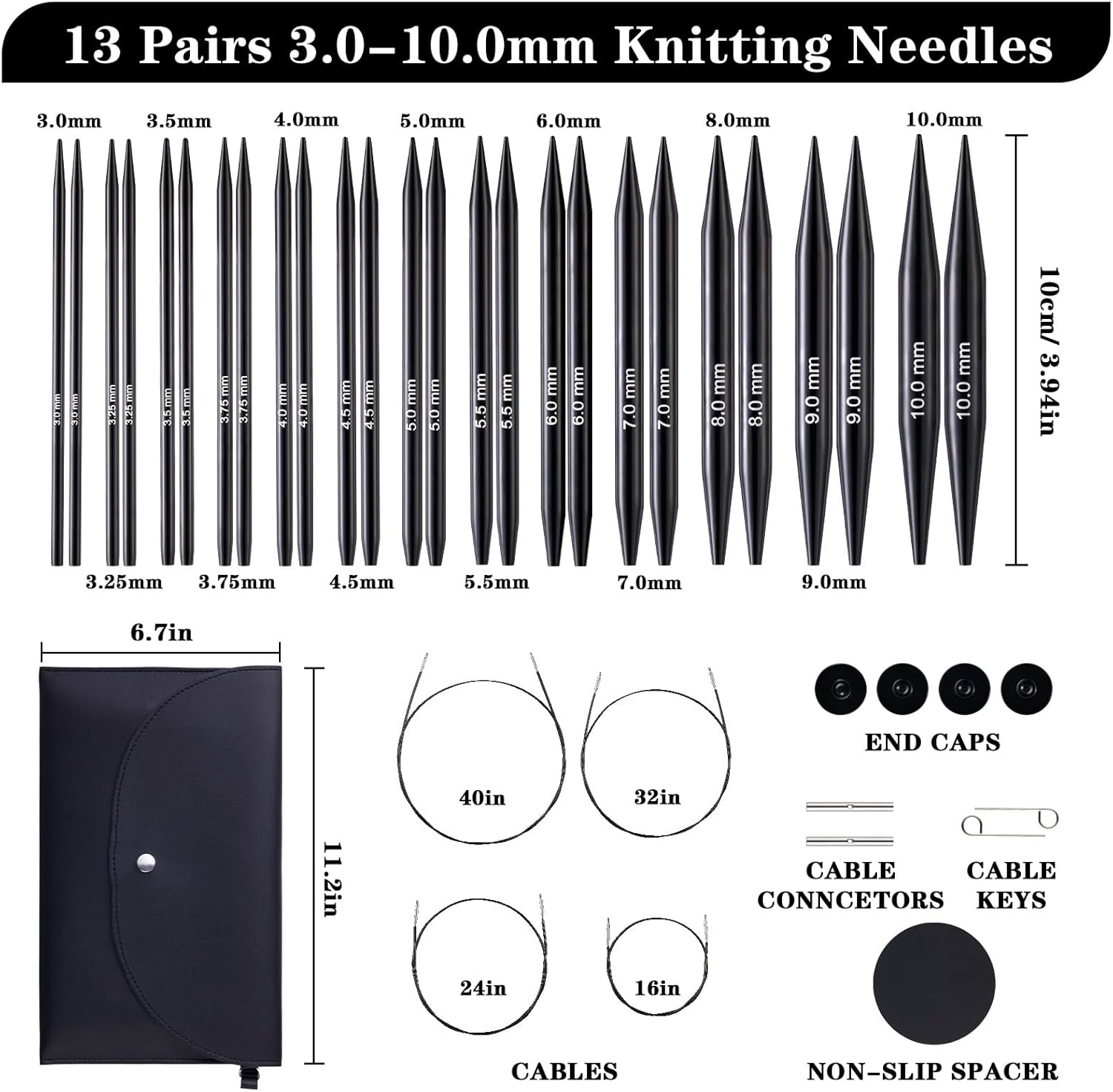 Peiouly 13 Pairs Interchangeable Circular Knitting Needles Set, 3.94 inch(10cm) Aluminum Knitting Needle Set, 3-10mm Interchangeable Knitting Needles, Cables, Accessories and Case